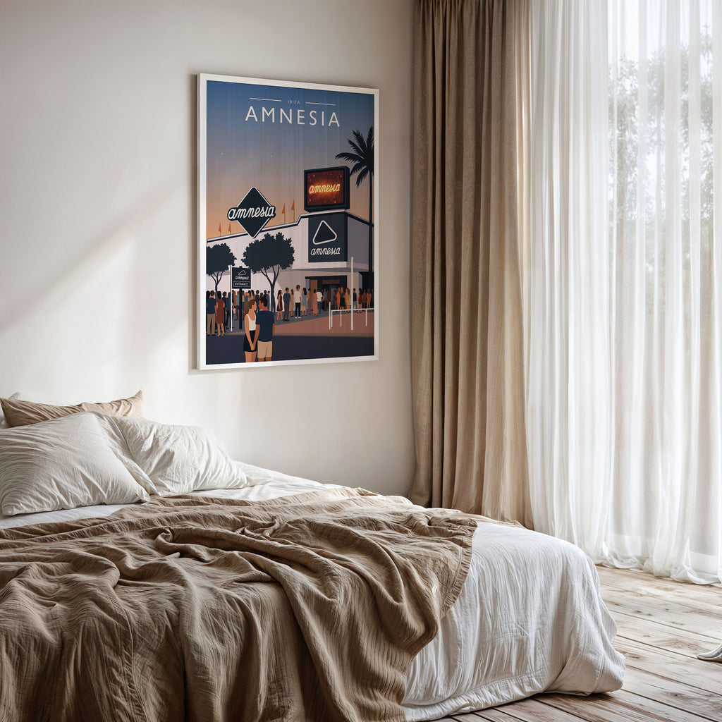 Ibiza #3 Travel Poster framed on a bedroom wall