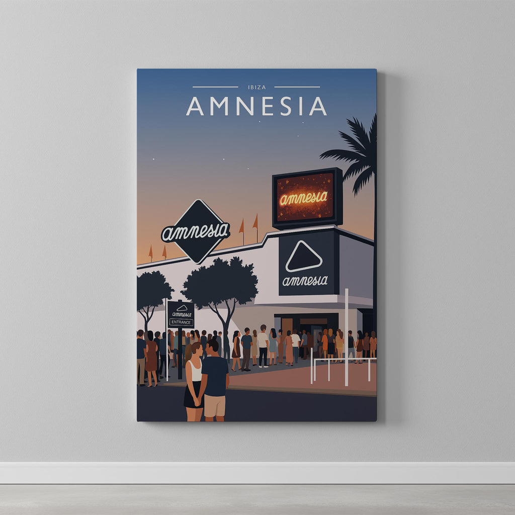 Ibiza #3 Travel Poster as a gallery-wrapped canvas on a plain wall