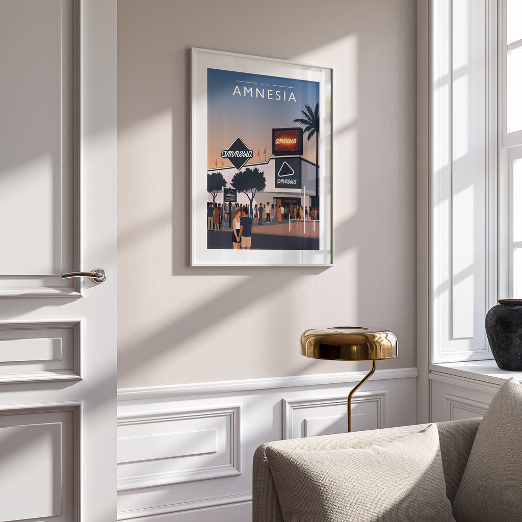 Ibiza #3 Travel Poster in a white frame on a panelled wall