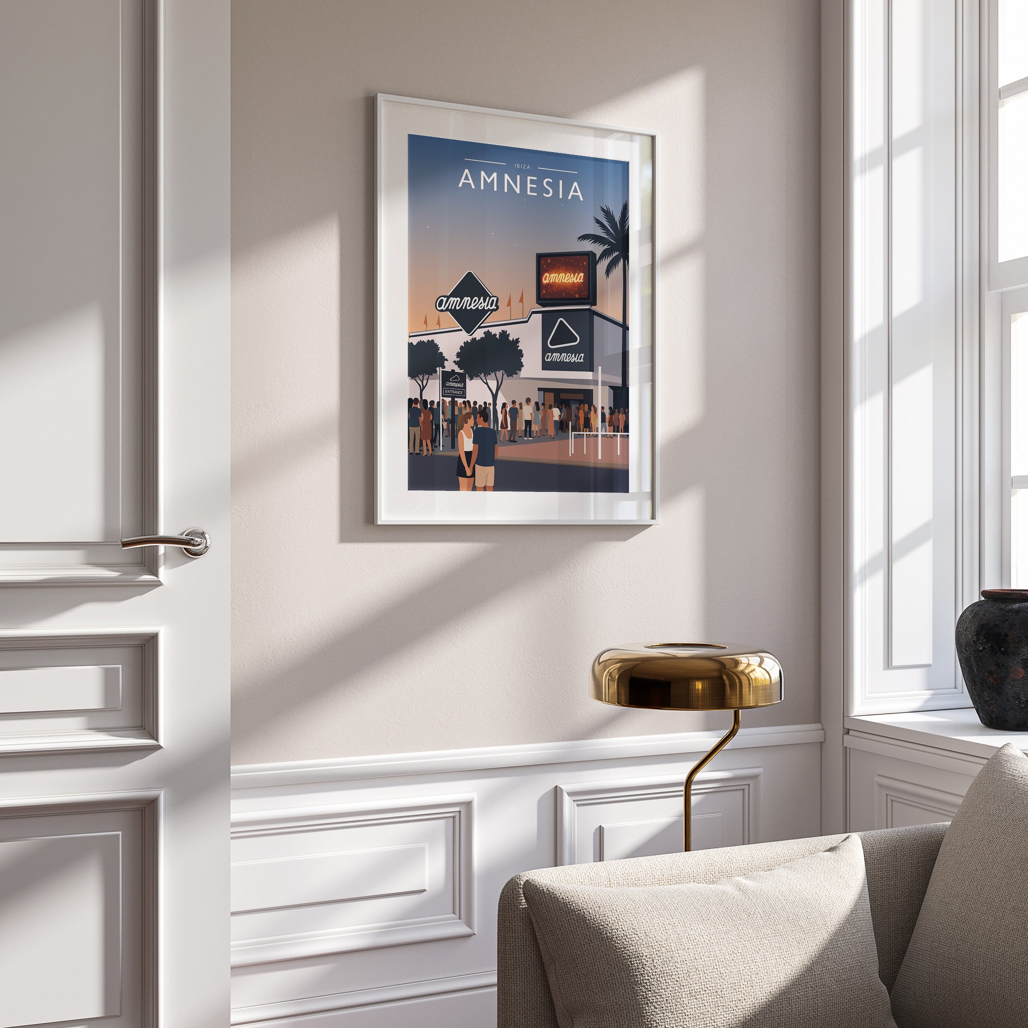 Ibiza #3 Travel Poster in a white frame on a panelled wall