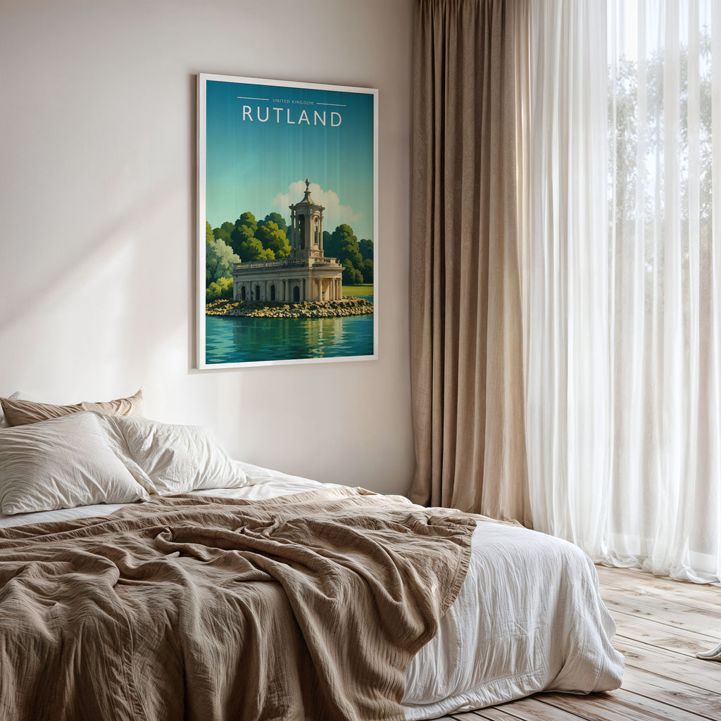 Rutland #2 Travel Poster framed on a bedroom wall