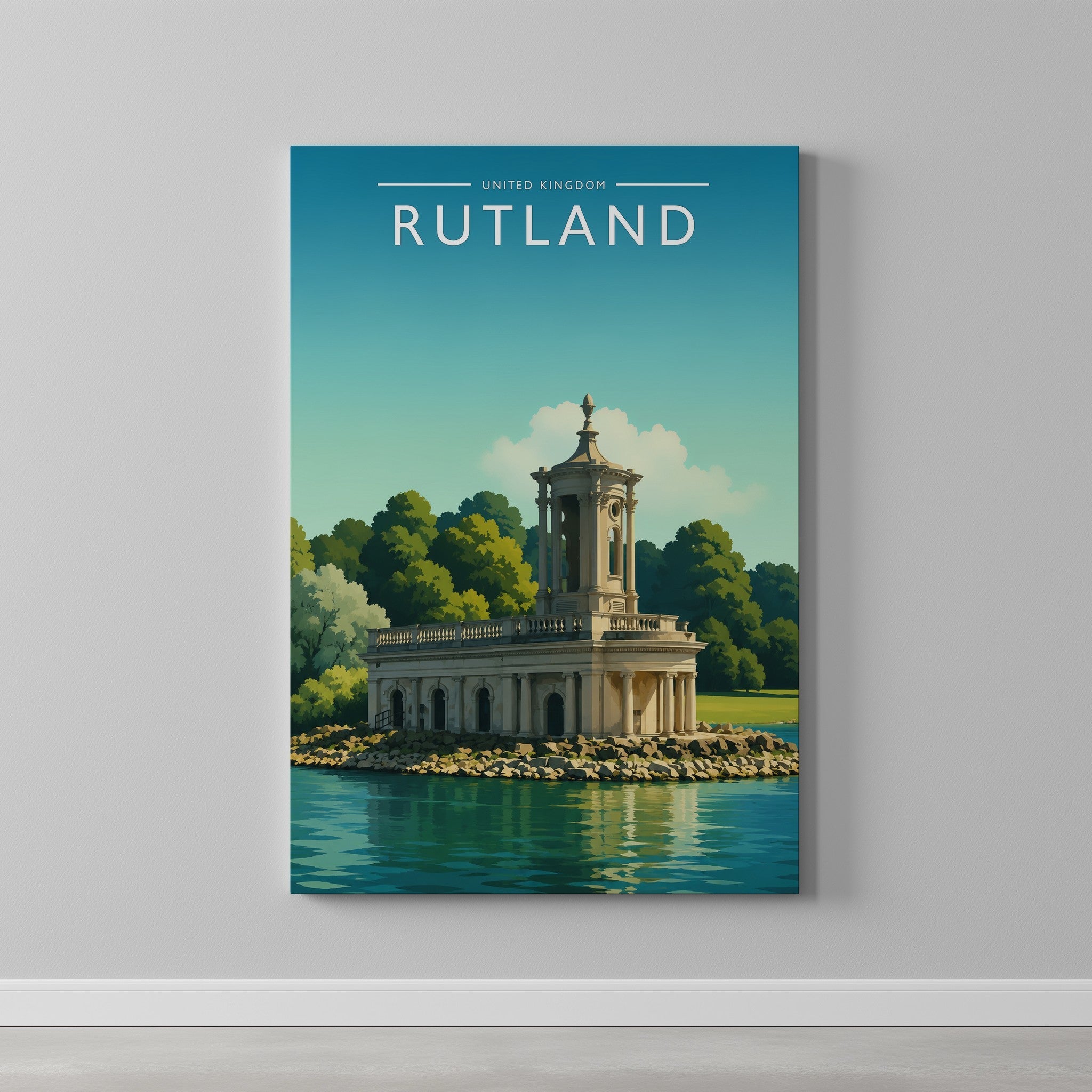 Rutland #2 Travel Poster as a gallery-wrapped canvas on a plain wall