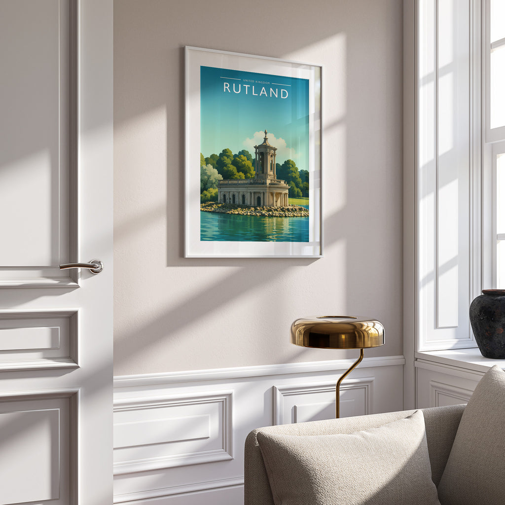 Rutland #2 Travel Poster in a white frame on a panelled wall