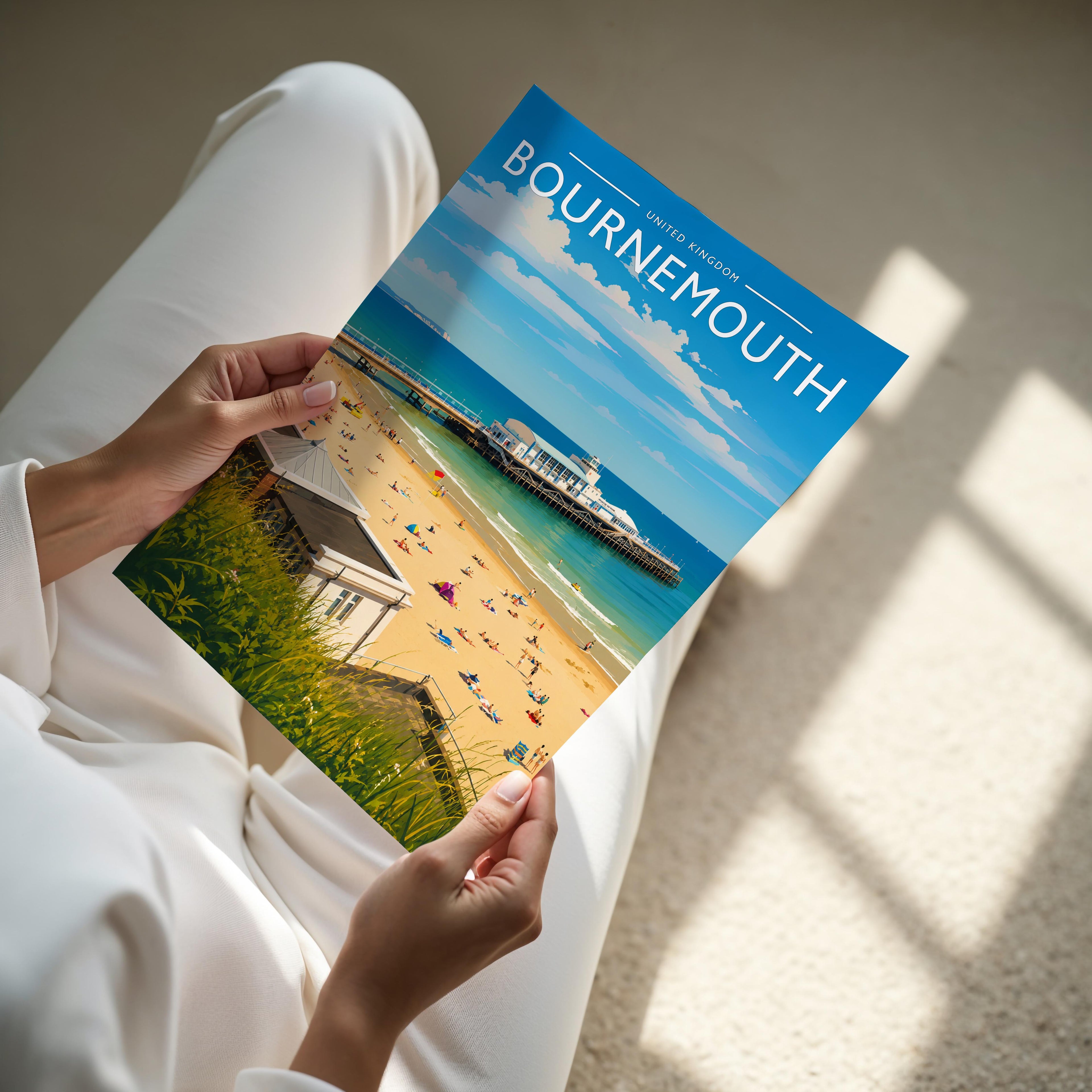 Bournemouth Travel Poster - A4 print held in hand