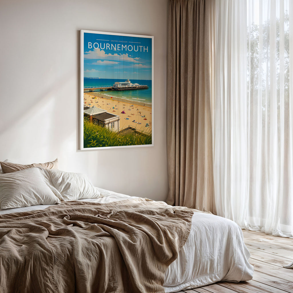 Bournemouth Travel Poster framed on a bedroom wall