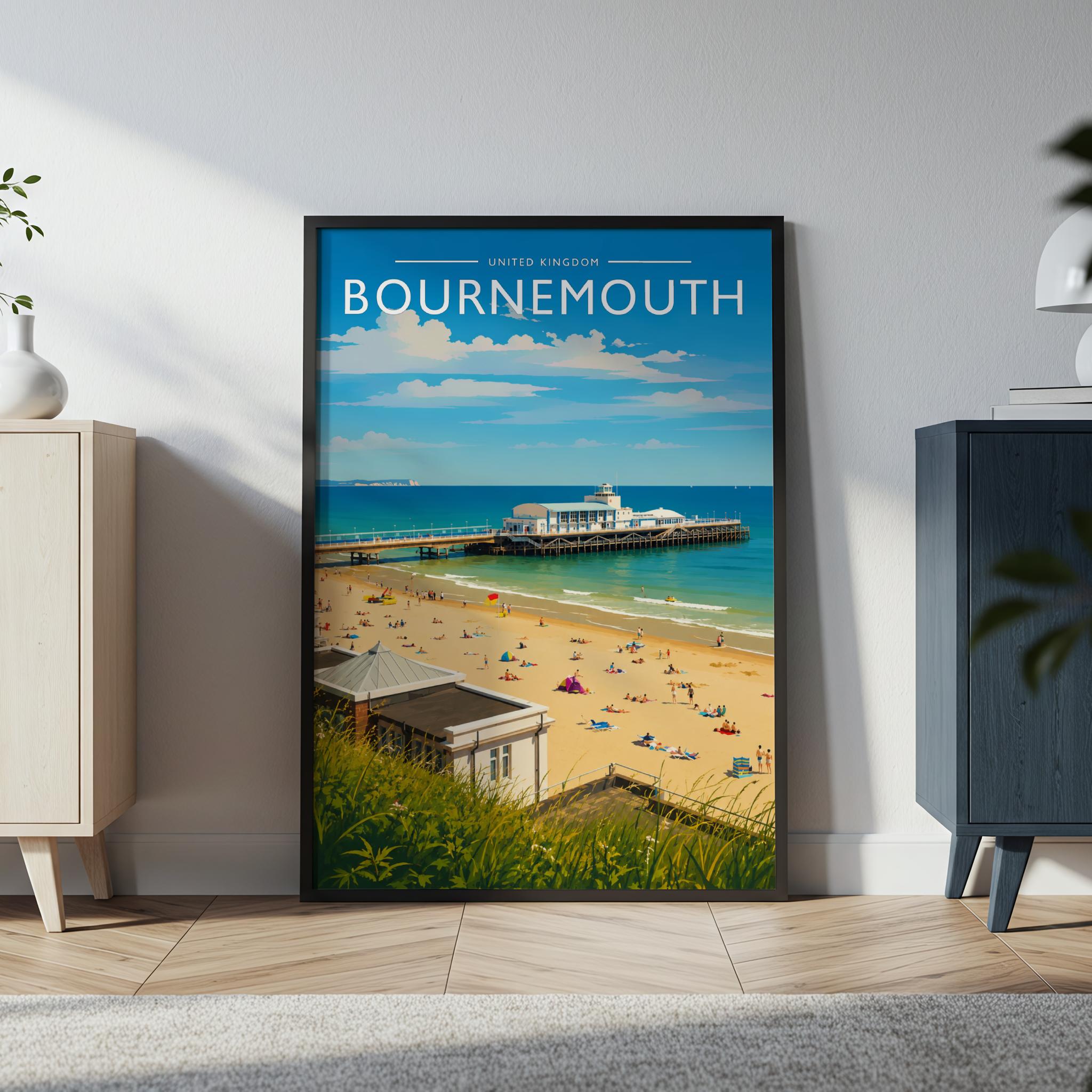 Bournemouth Travel Poster in a black frame