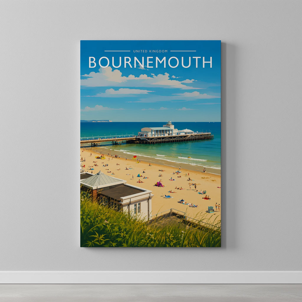 Bournemouth Travel Poster as a gallery-wrapped canvas on a plain wall