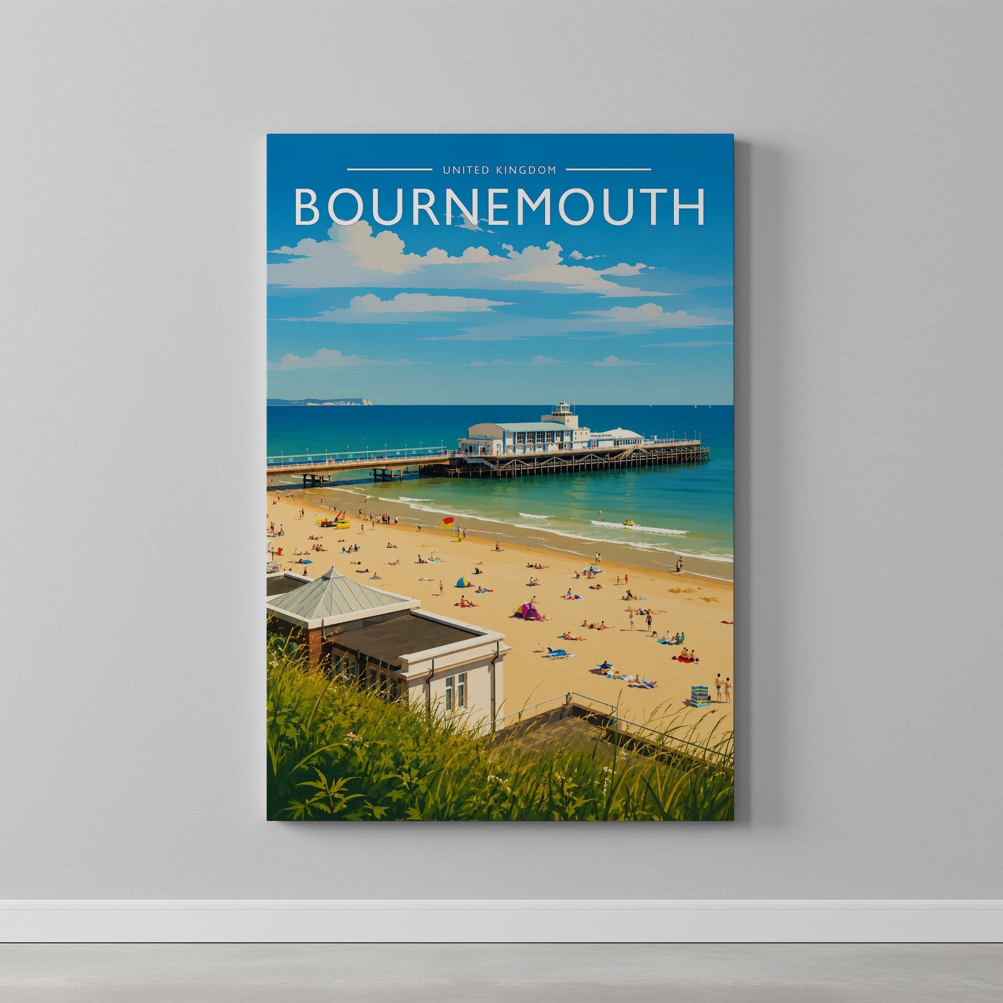 Bournemouth Travel Poster as a gallery-wrapped canvas on a plain wall