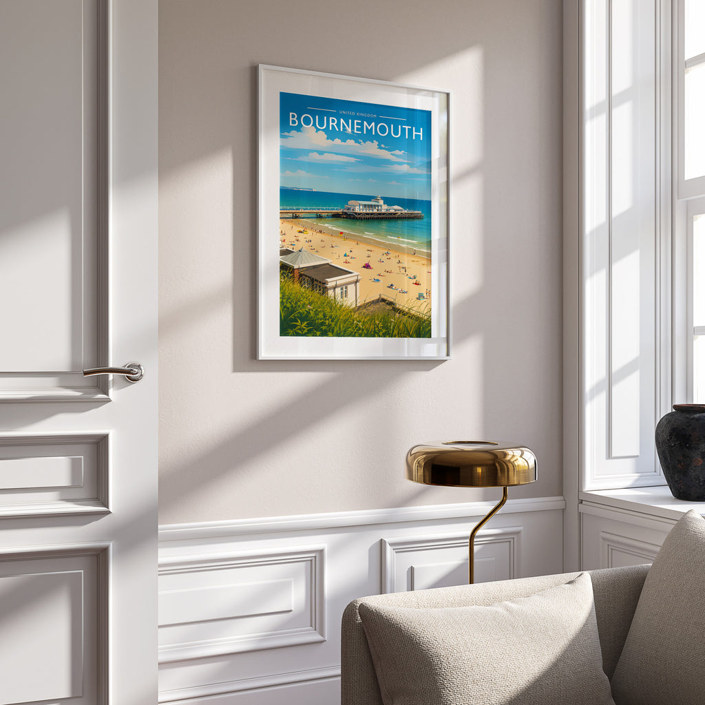Bournemouth Travel Poster in a white frame on a panelled wall