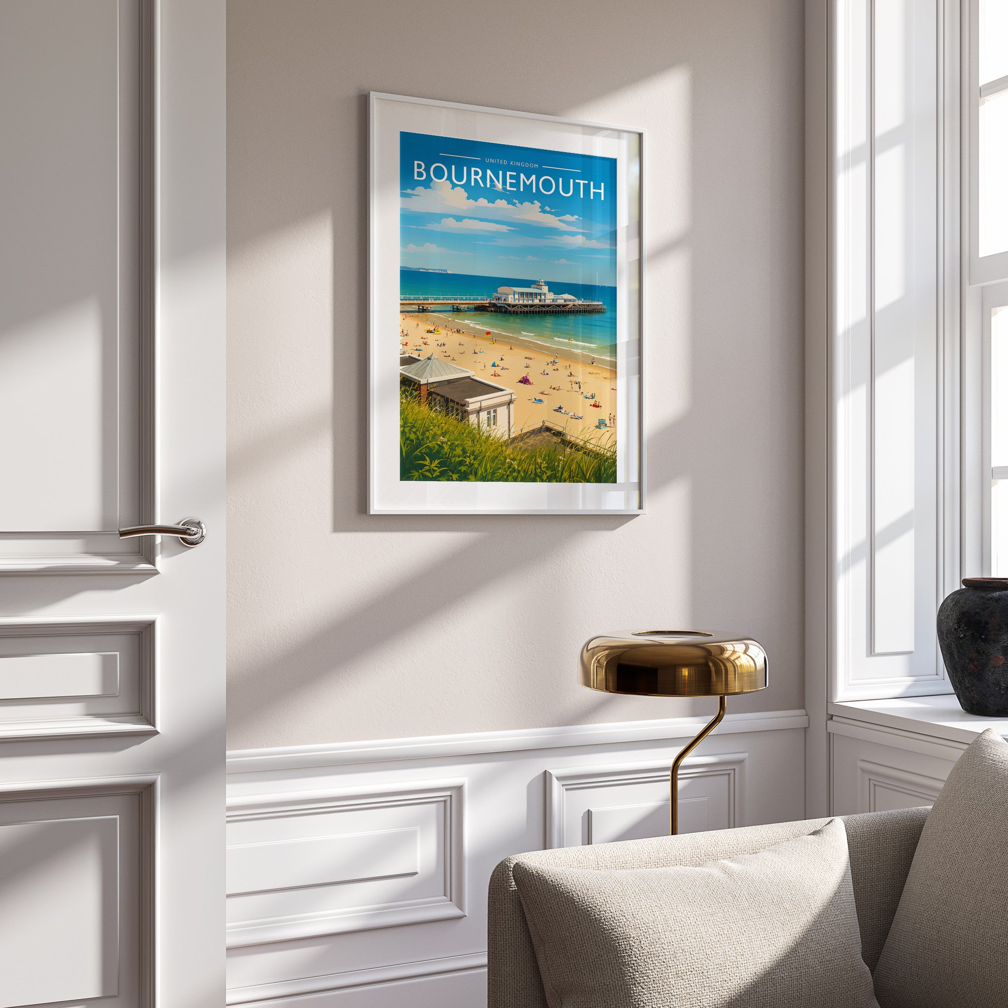 Bournemouth Travel Poster in a white frame on a panelled wall