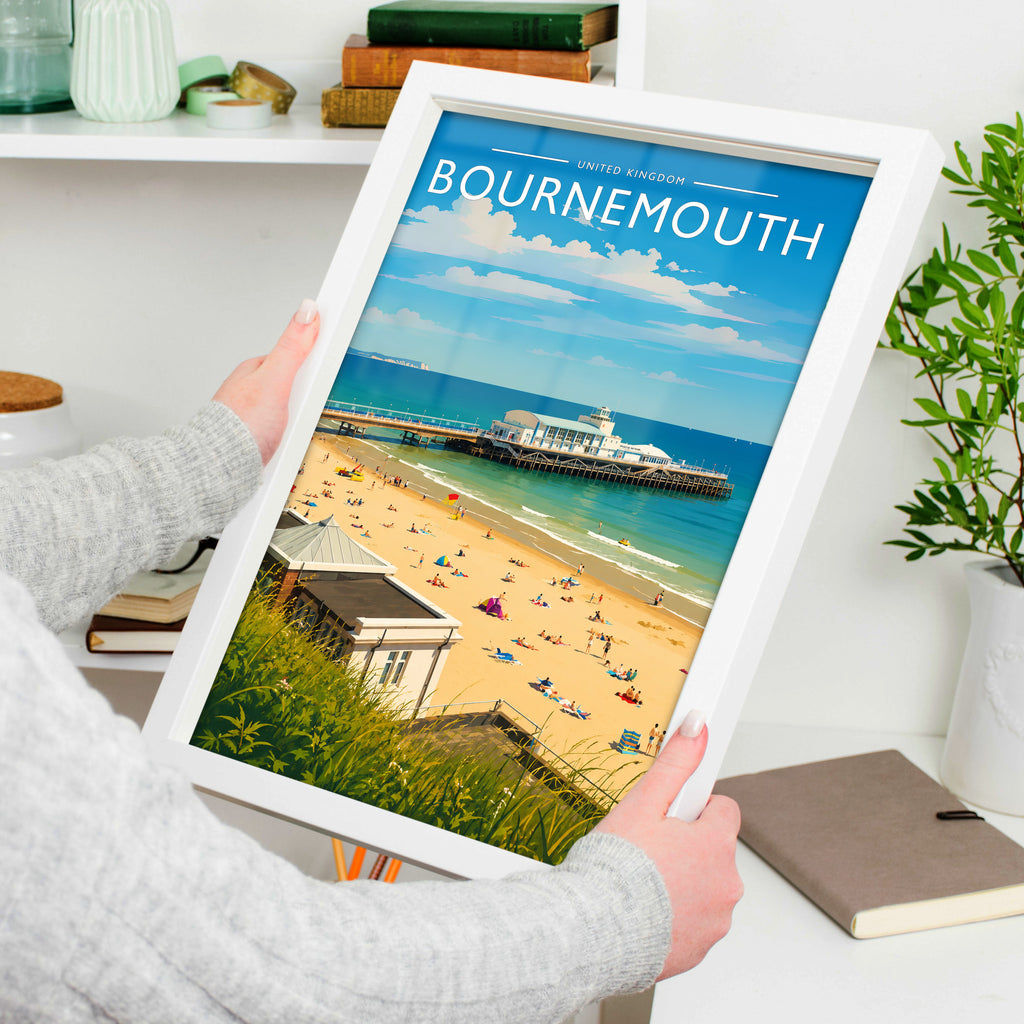 Bournemouth Travel Poster in a white frame, held to show scale