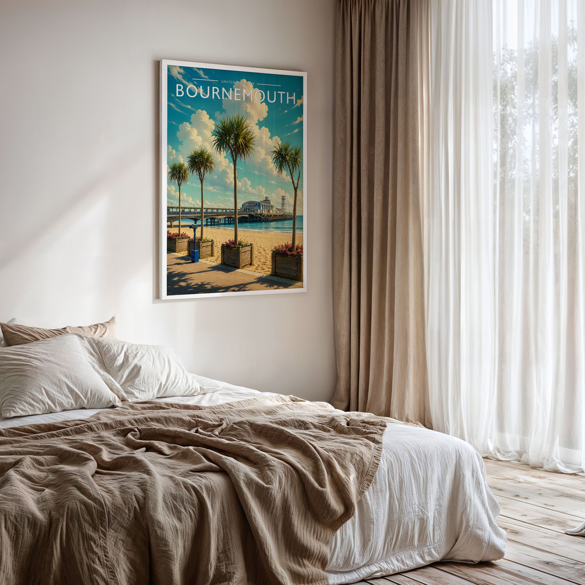 Bournemouth #2 Travel Poster framed on a bedroom wall