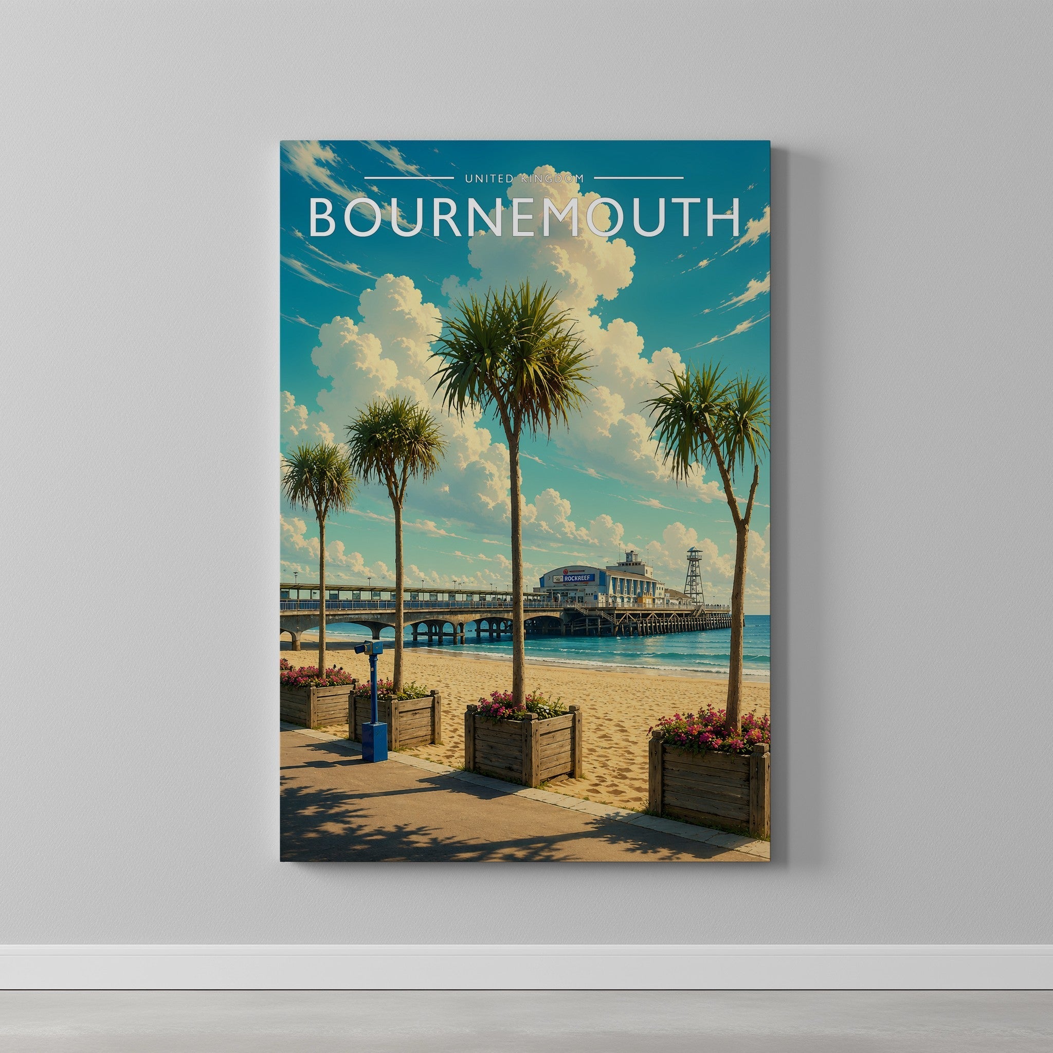 Bournemouth #2 Travel Poster as a gallery-wrapped canvas on a plain wall