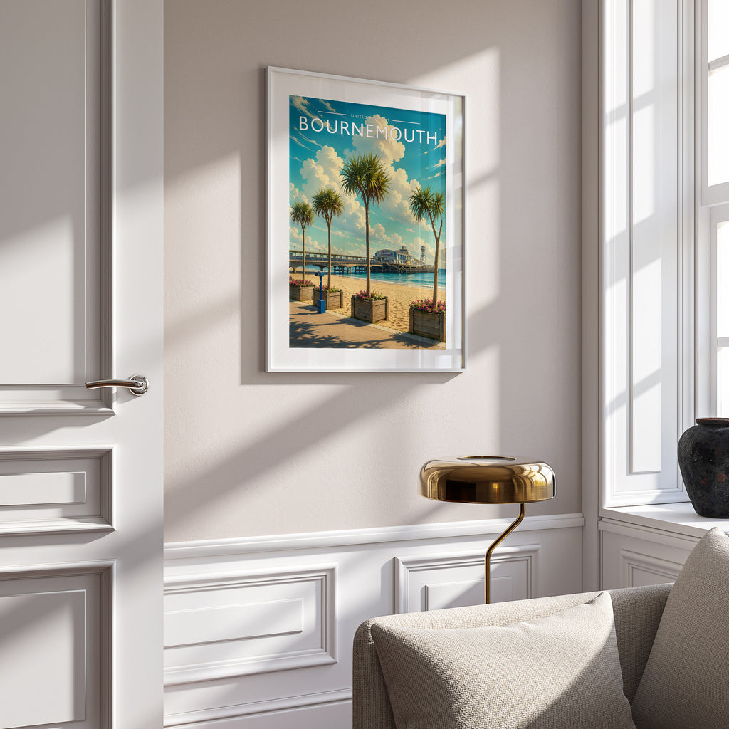 Bournemouth #2 Travel Poster in a white frame on a panelled wall