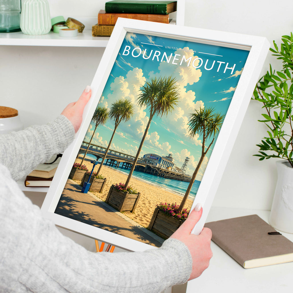 Bournemouth #2 Travel Poster in a white frame, held to show scale