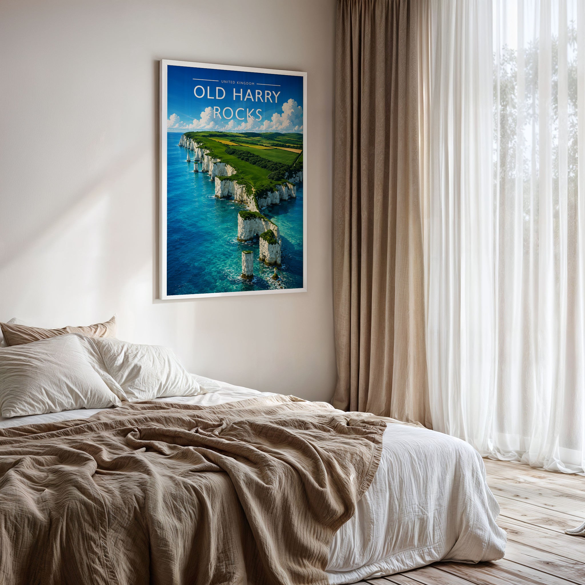 Old Harry Rocks Travel Poster framed on a bedroom wall