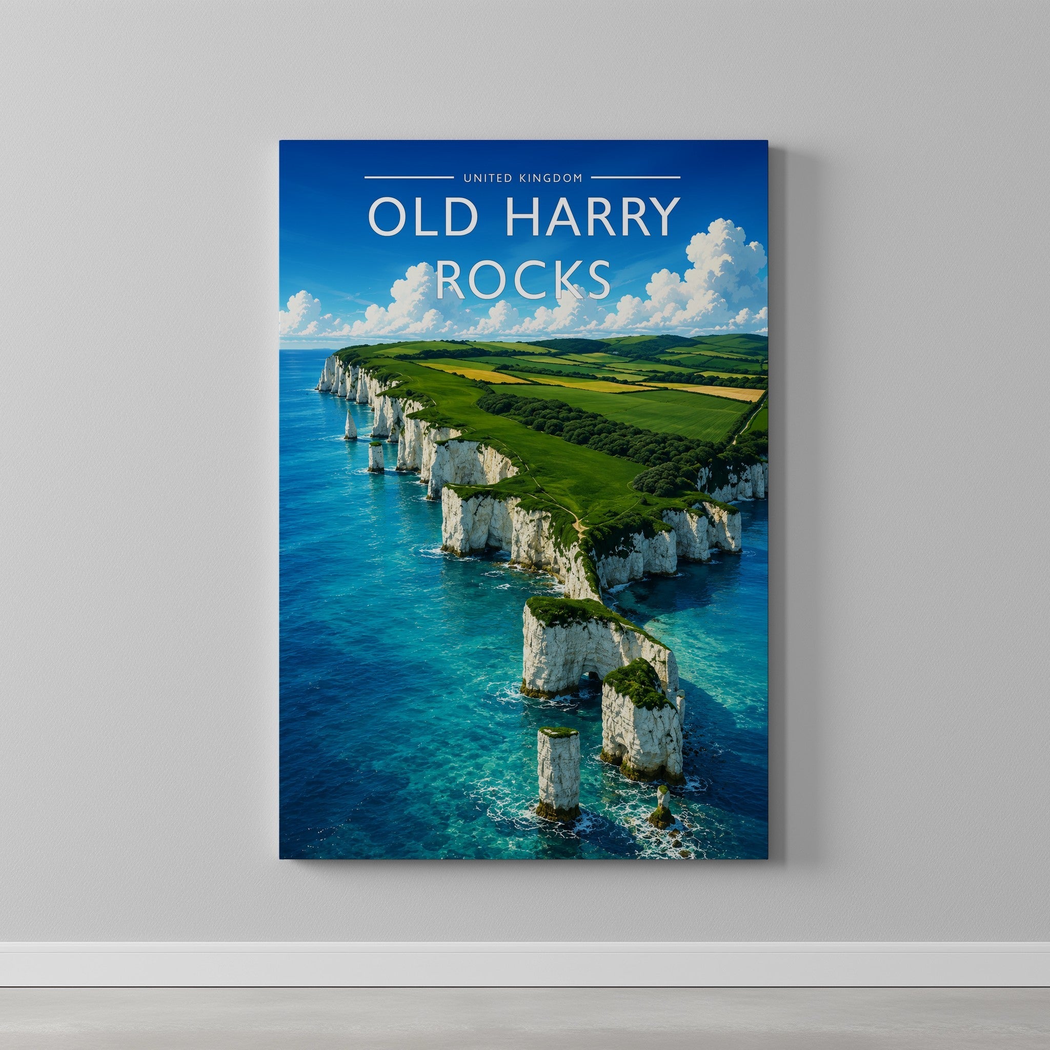 Old Harry Rocks Travel Poster as a gallery-wrapped canvas on a plain wall