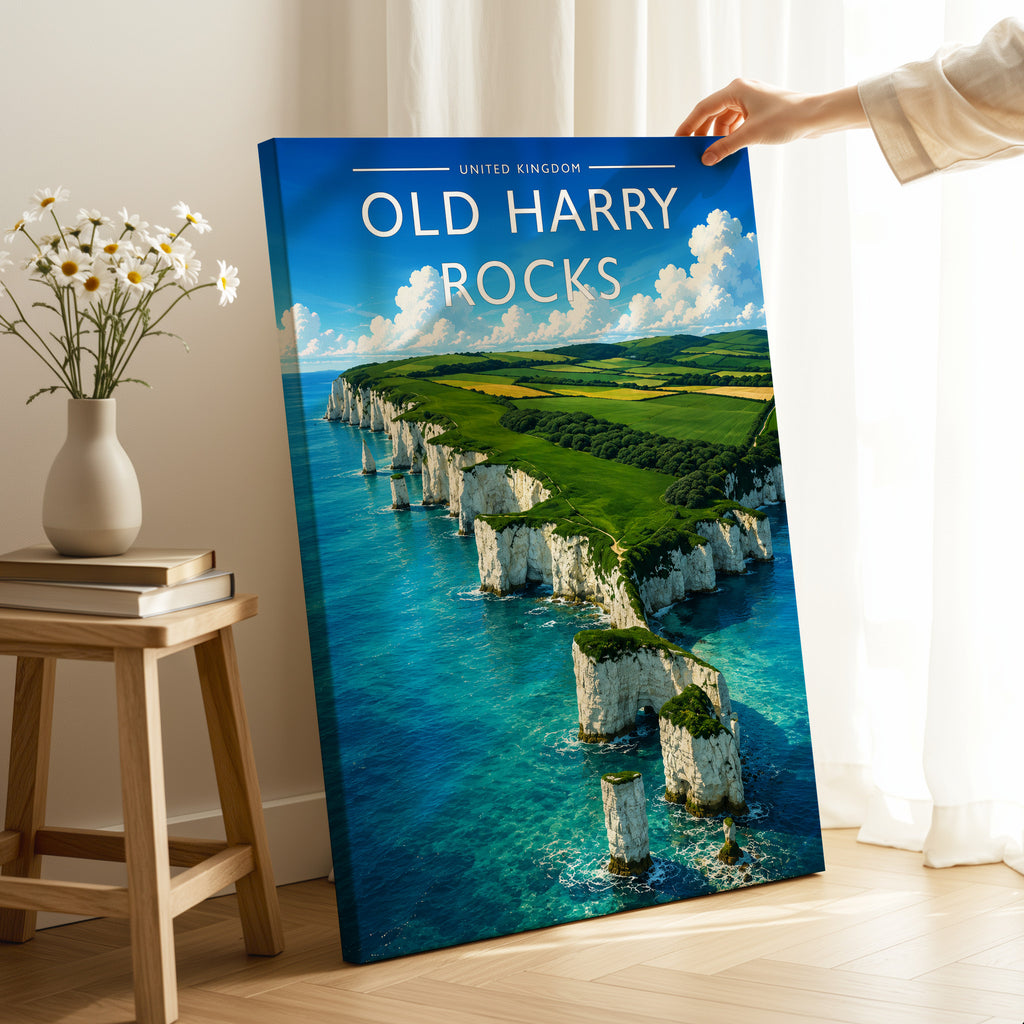 Old Harry Rocks Travel Poster as a gallery-wrapped canvas