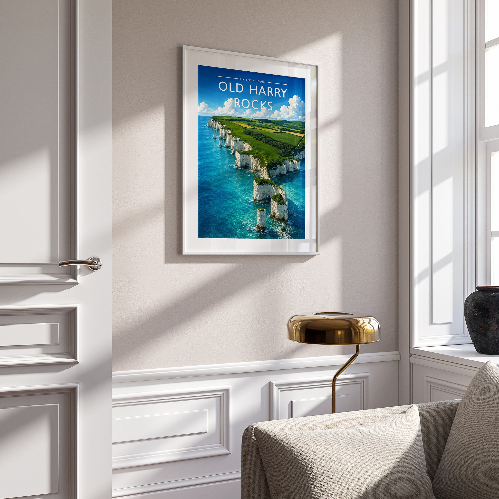 Old Harry Rocks Travel Poster in a white frame on a panelled wall