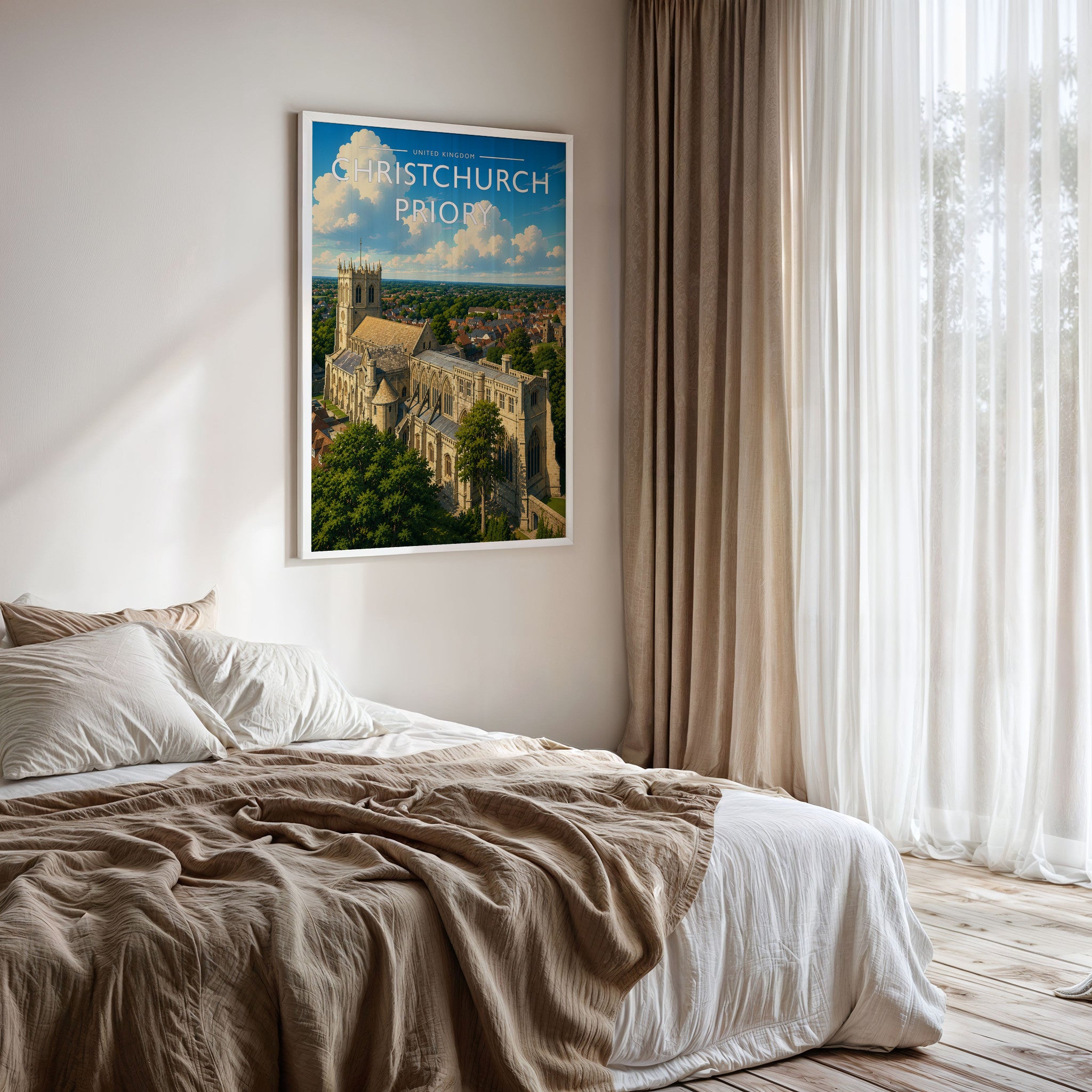 Christchurch Priory Travel Poster framed on a bedroom wall