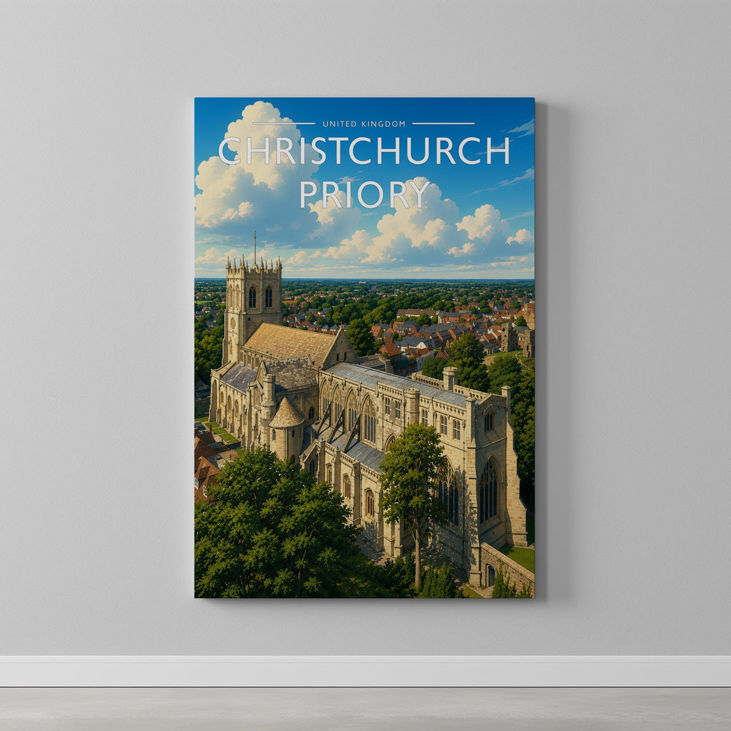 Christchurch Priory Travel Poster as a gallery-wrapped canvas on a plain wall