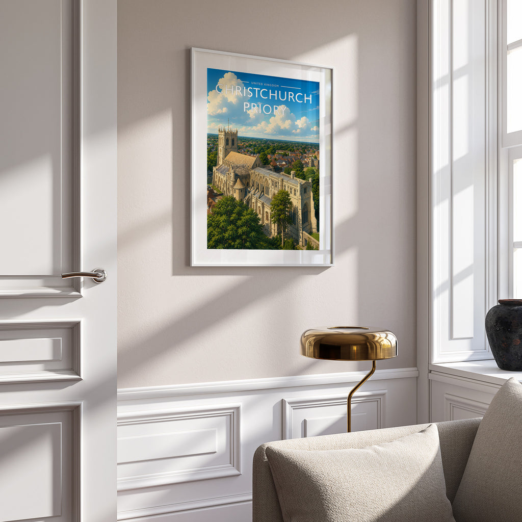 Christchurch Priory Travel Poster in a white frame on a panelled wall