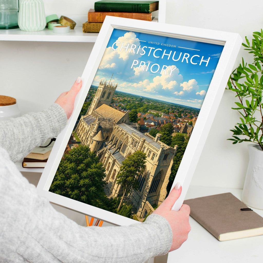 Christchurch Priory Travel Poster in a white frame, held to show scale