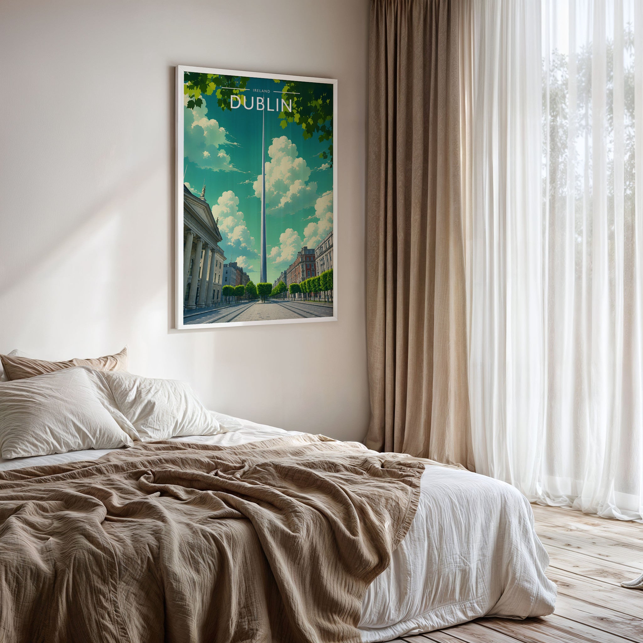 Dublin #4 Travel Poster framed on a bedroom wall