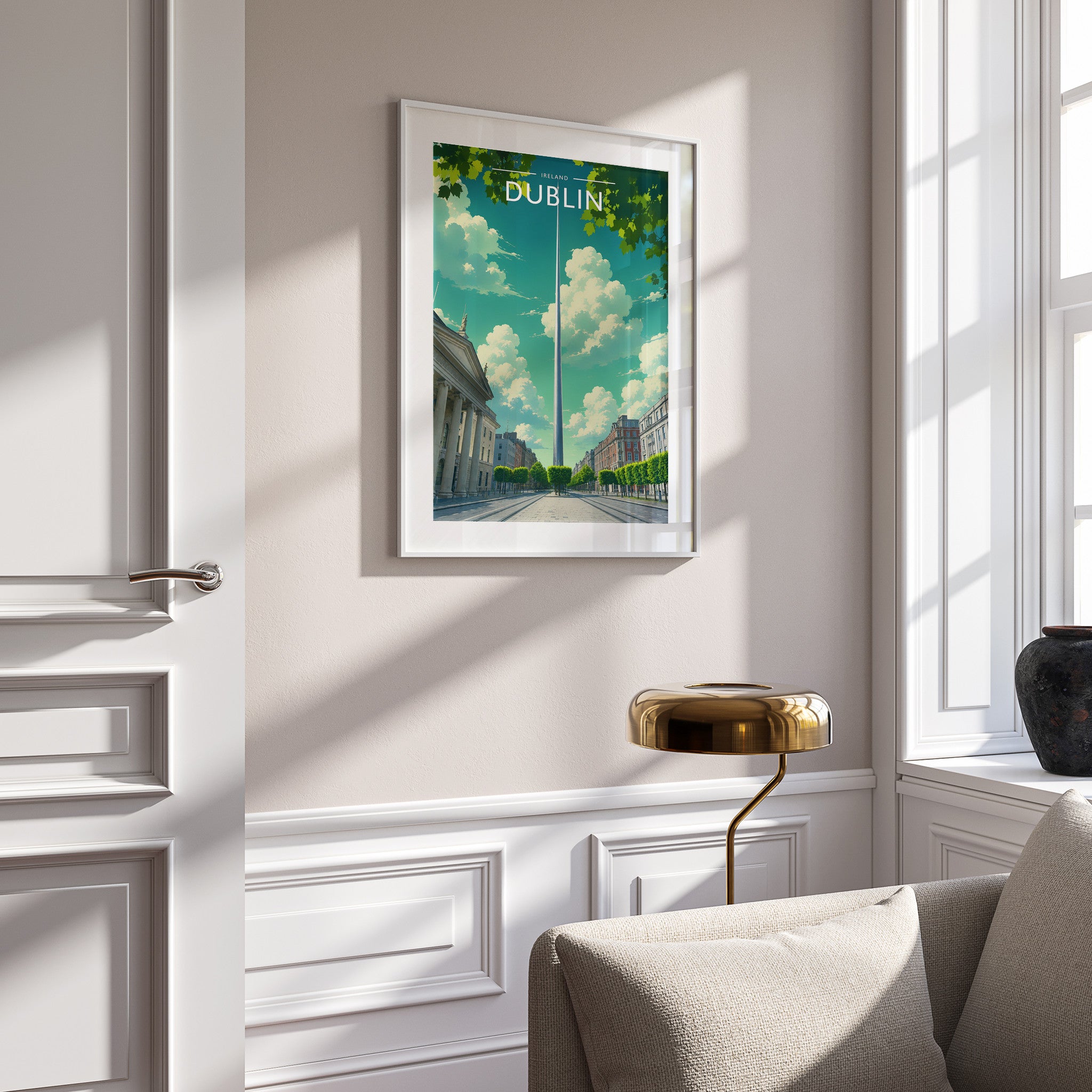 Dublin #4 Travel Poster in a white frame on a panelled wall