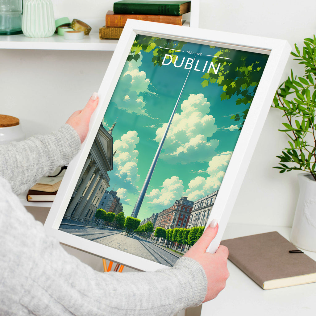 Dublin #4 Travel Poster in a white frame, held to show scale