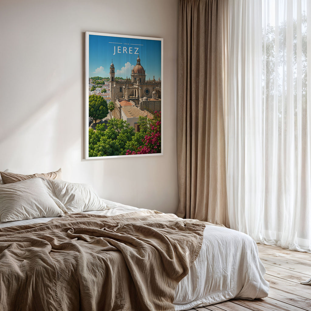 Jerez #3 Travel Poster framed on a bedroom wall