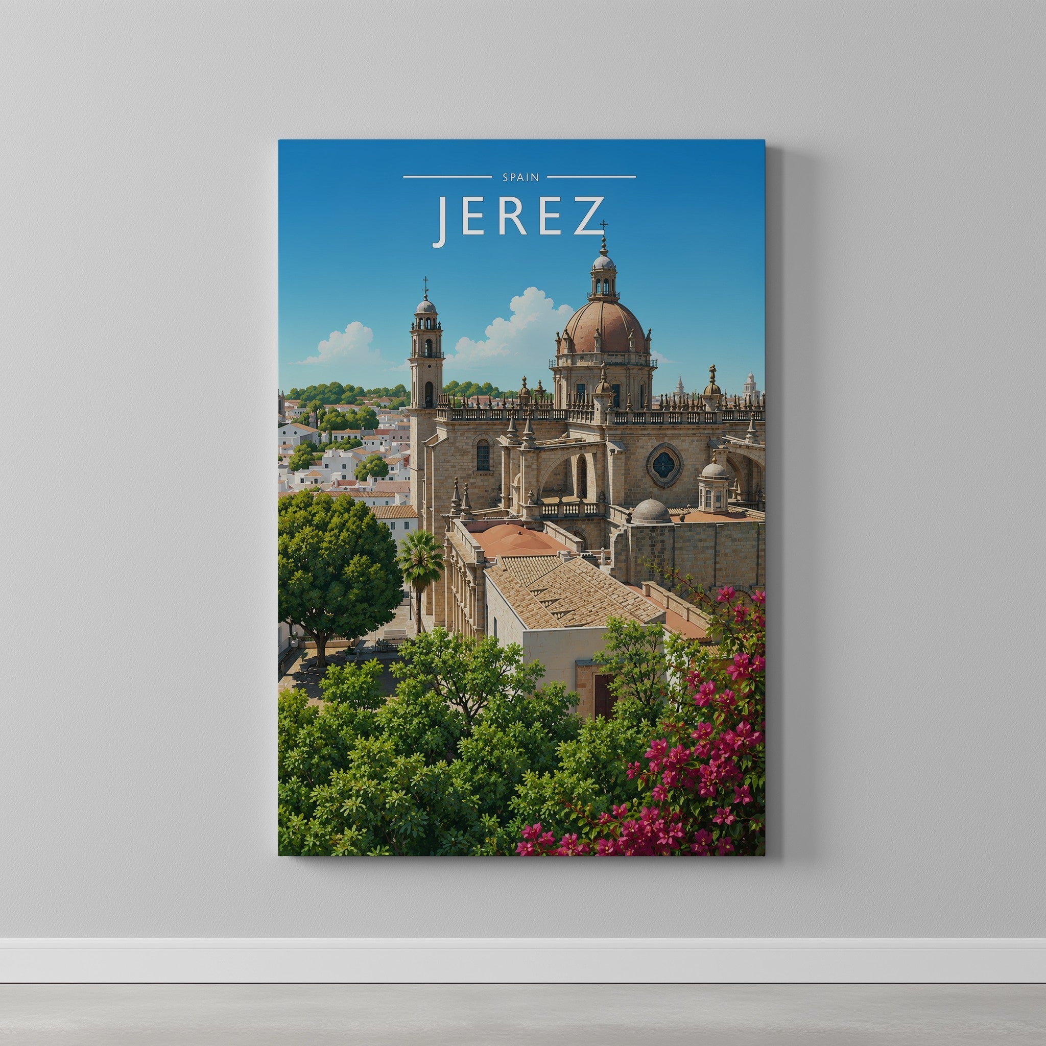 Jerez #3 Travel Poster as a gallery-wrapped canvas on a plain wall