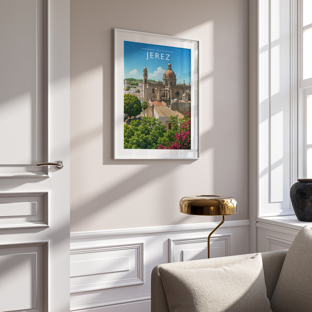 Jerez #3 Travel Poster in a white frame on a panelled wall