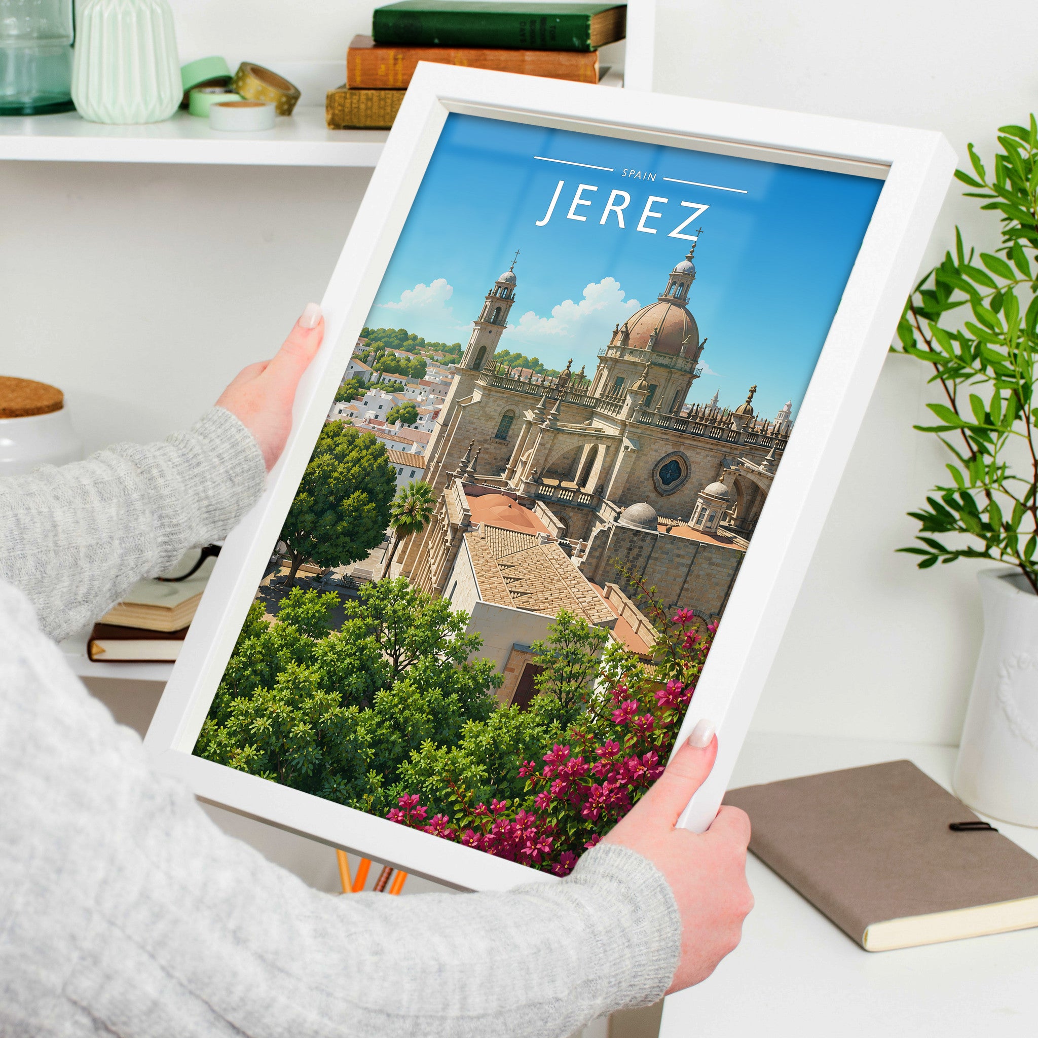 Jerez #3 Travel Poster in a white frame, held to show scale