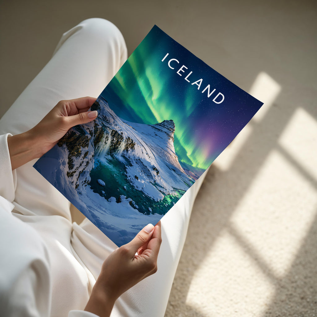 Iceland Travel Poster - A4 print held in hand