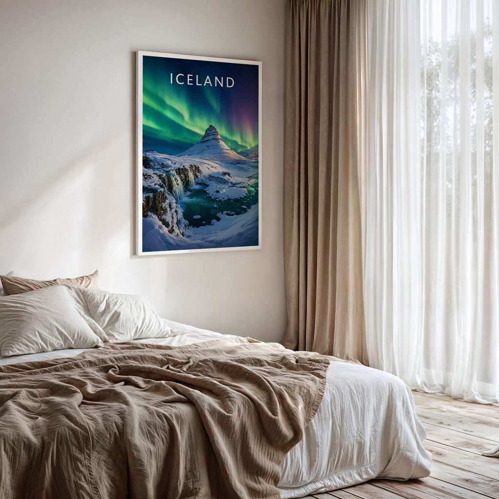 Iceland Travel Poster framed on a bedroom wall