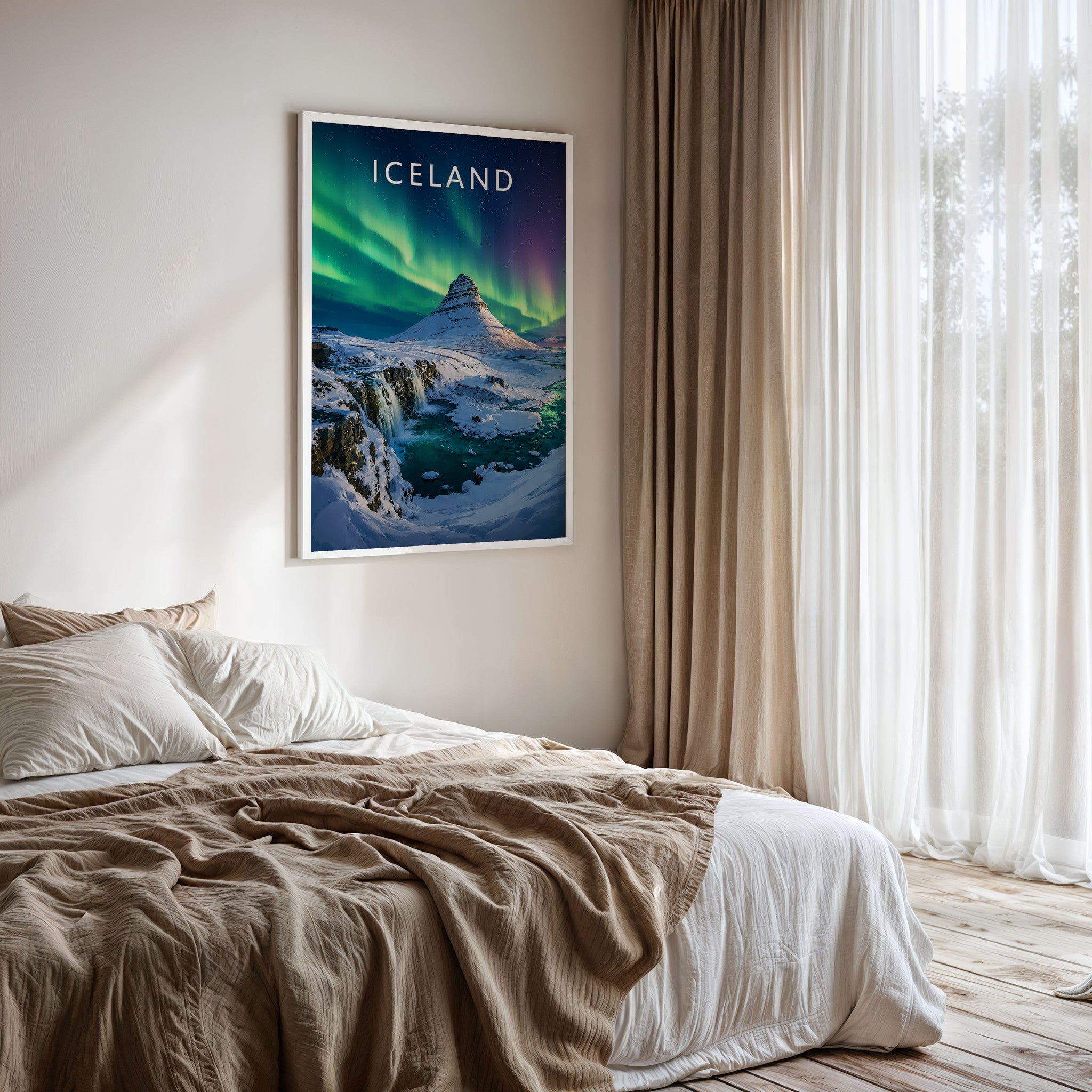 Iceland Travel Poster framed on a bedroom wall