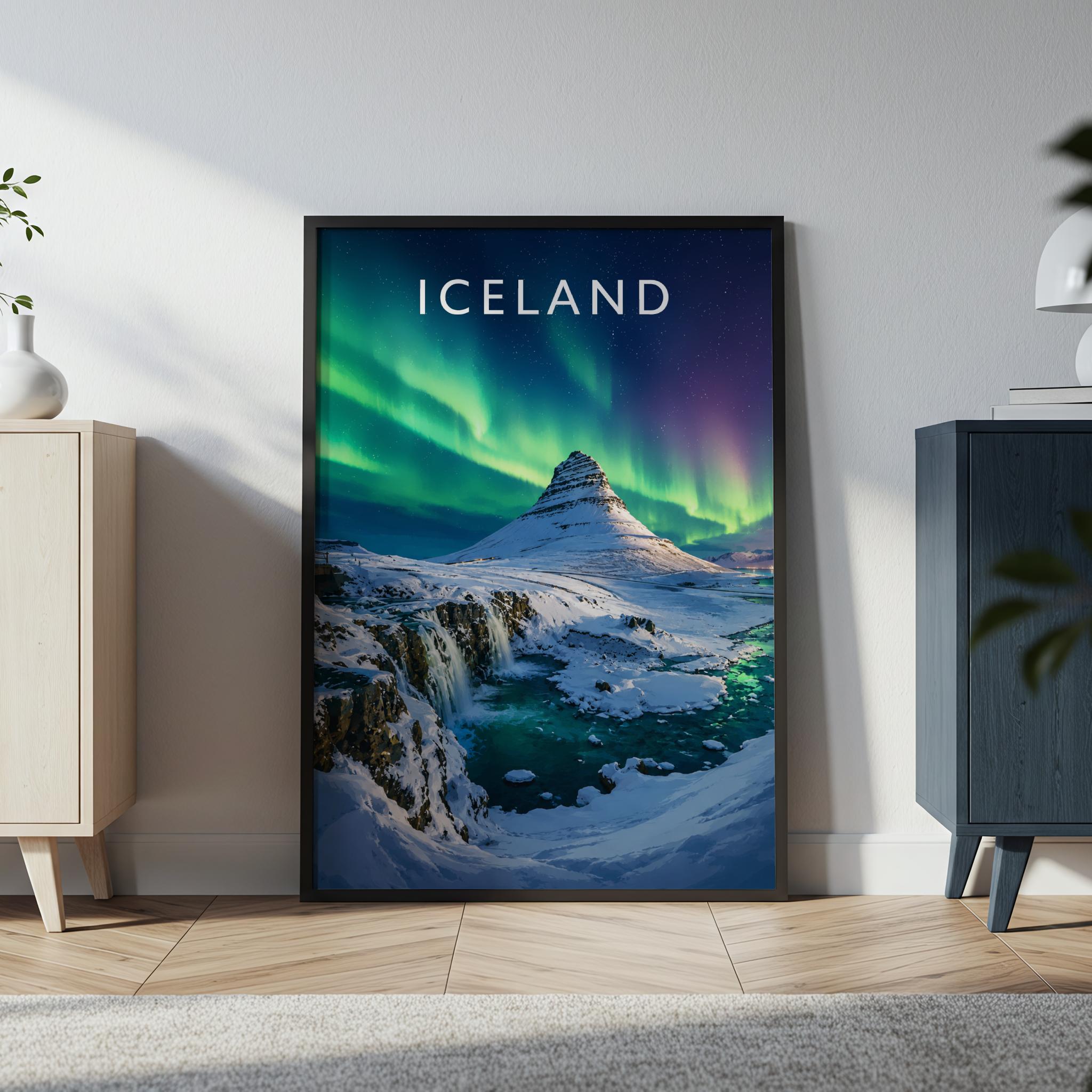 Iceland Travel Poster in a black frame