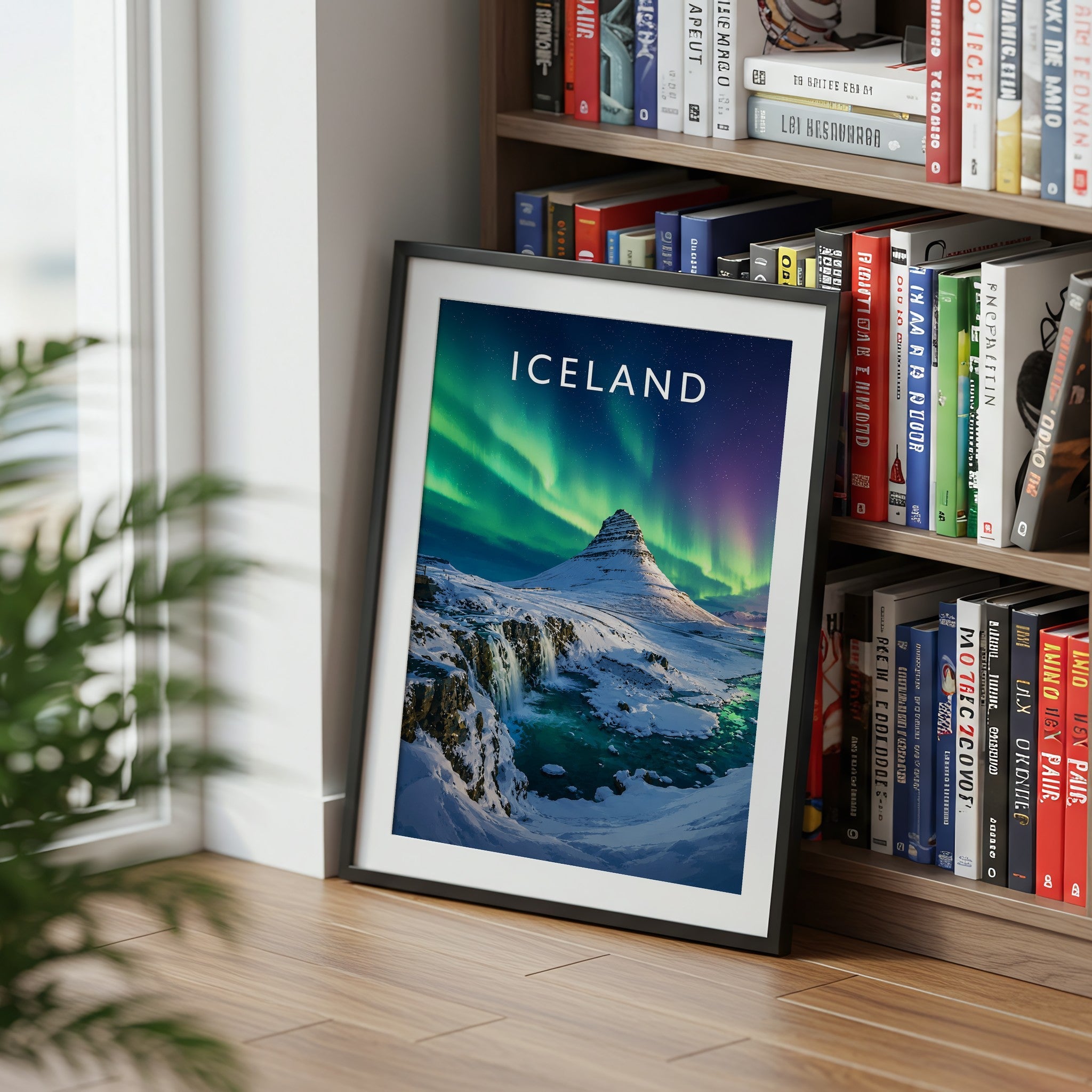 Iceland Travel Poster mounted in a black frame