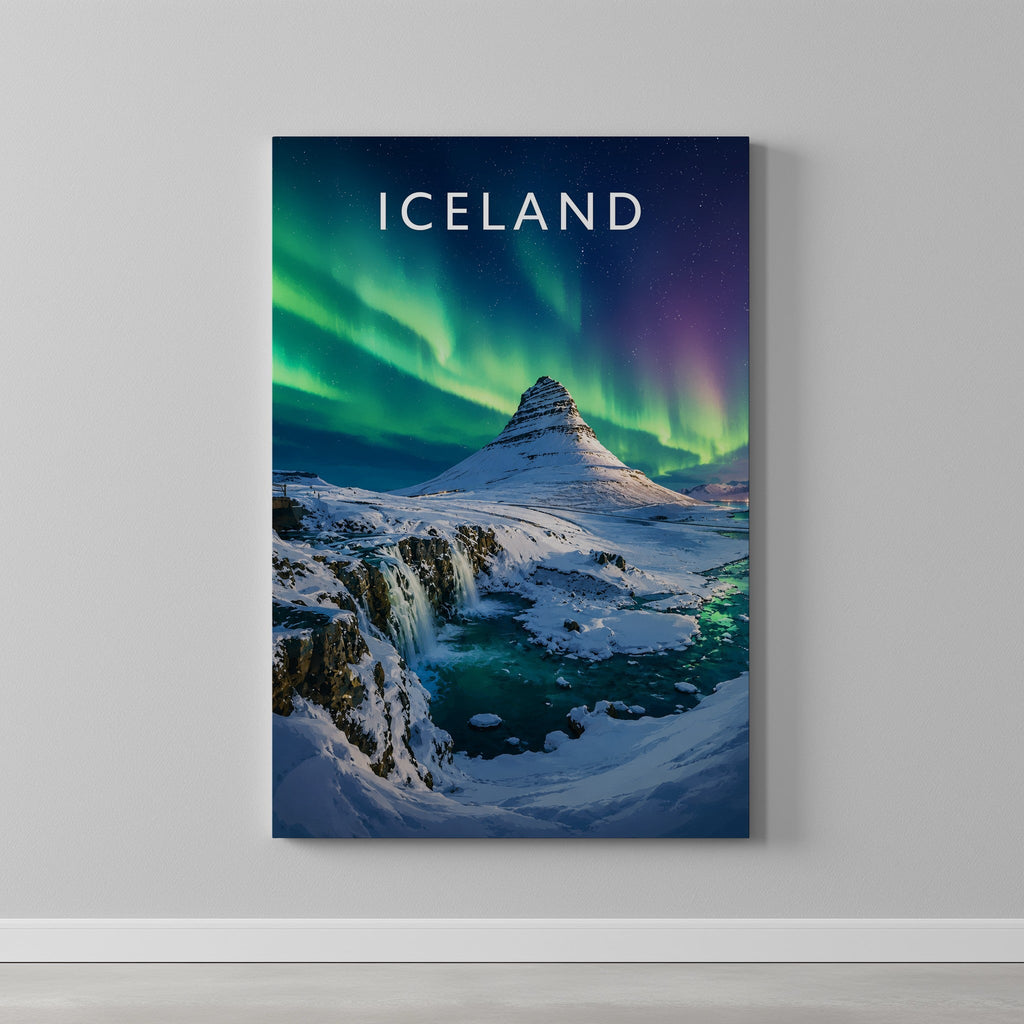 Iceland Travel Poster as a gallery-wrapped canvas on a plain wall