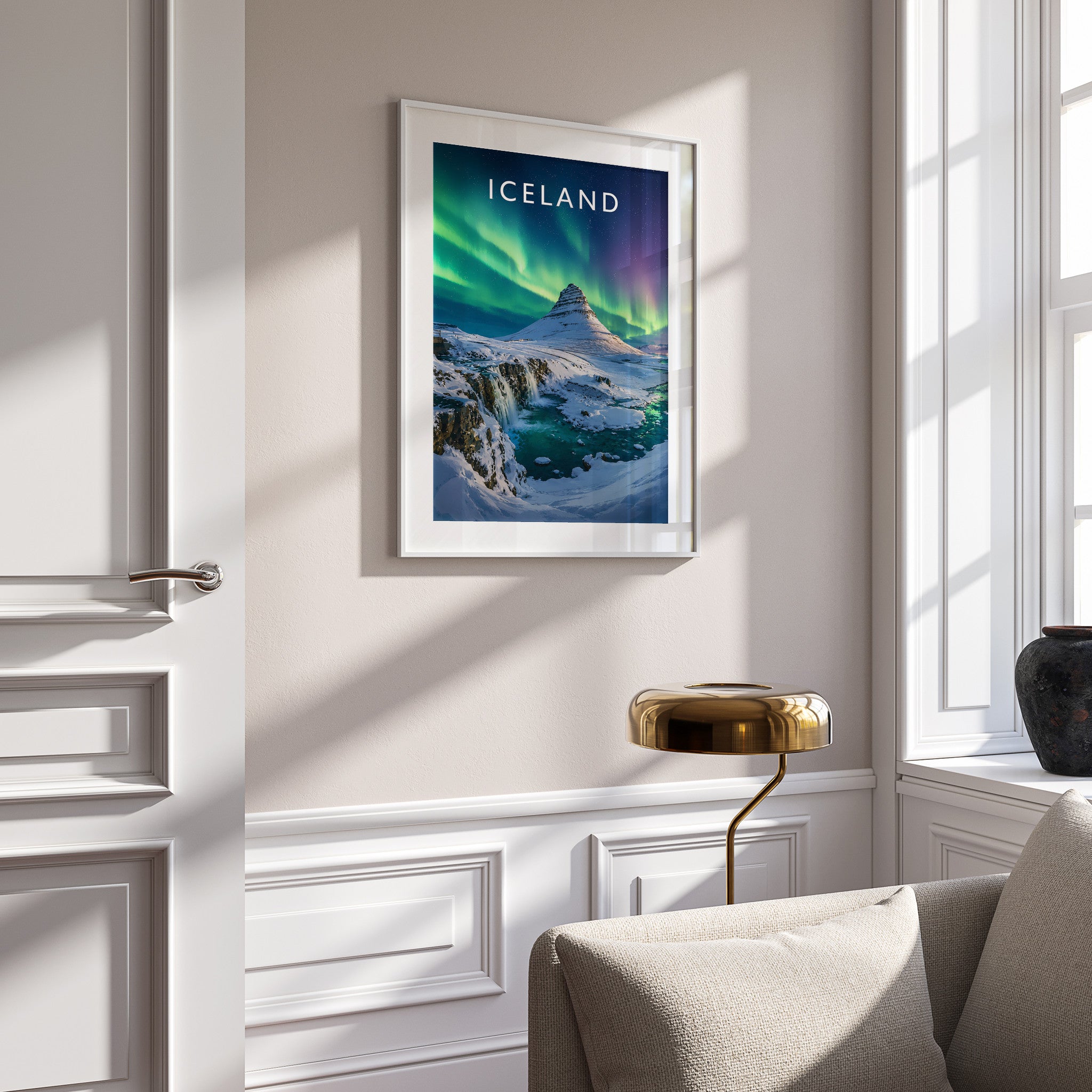 Iceland Travel Poster in a white frame on a panelled wall
