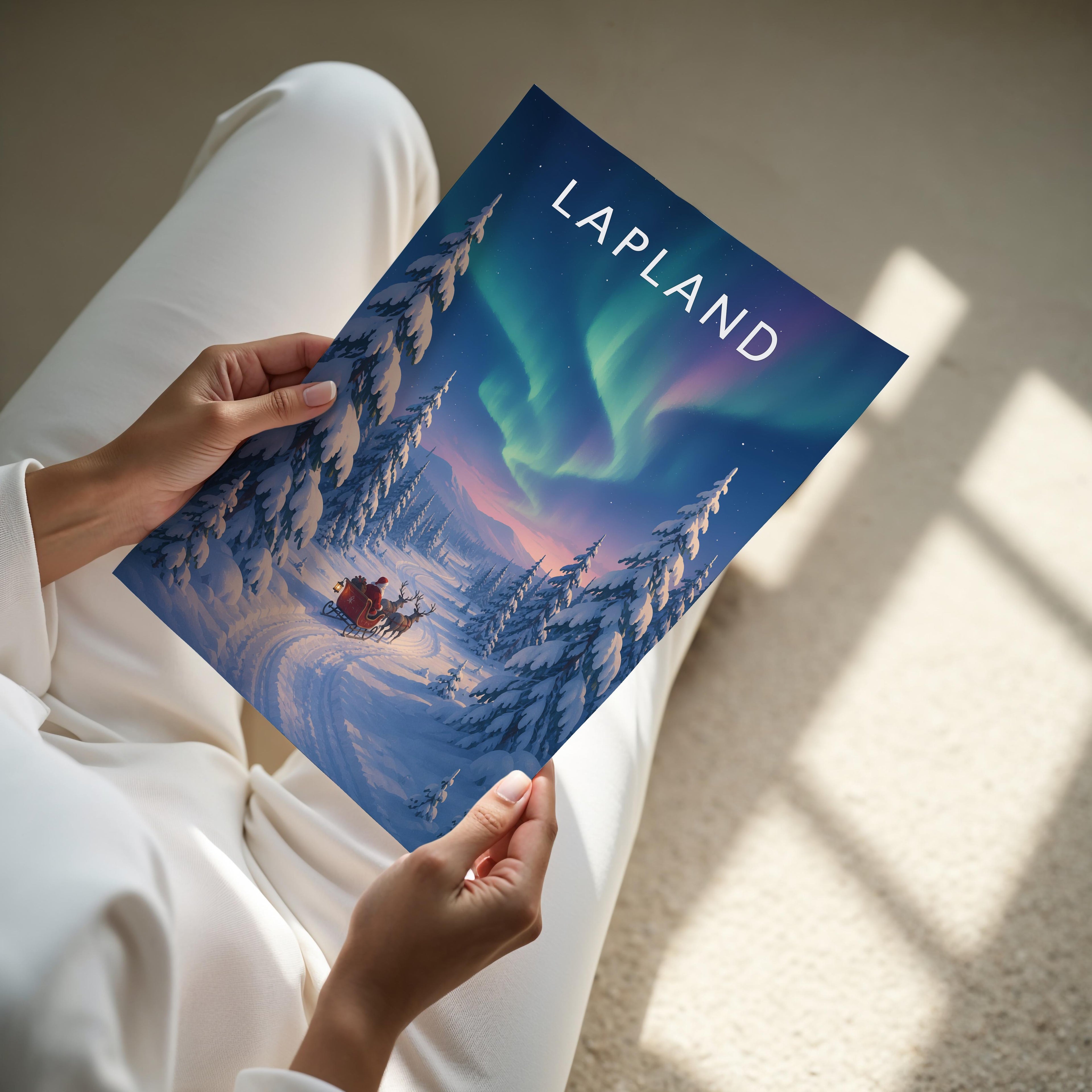 Lapland Travel Poster - A4 print held in hand