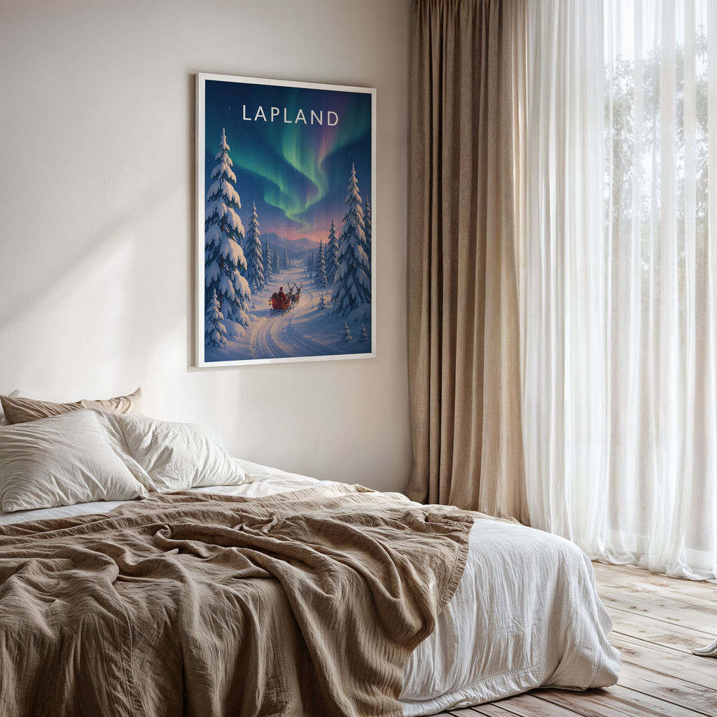Lapland Travel Poster framed on a bedroom wall
