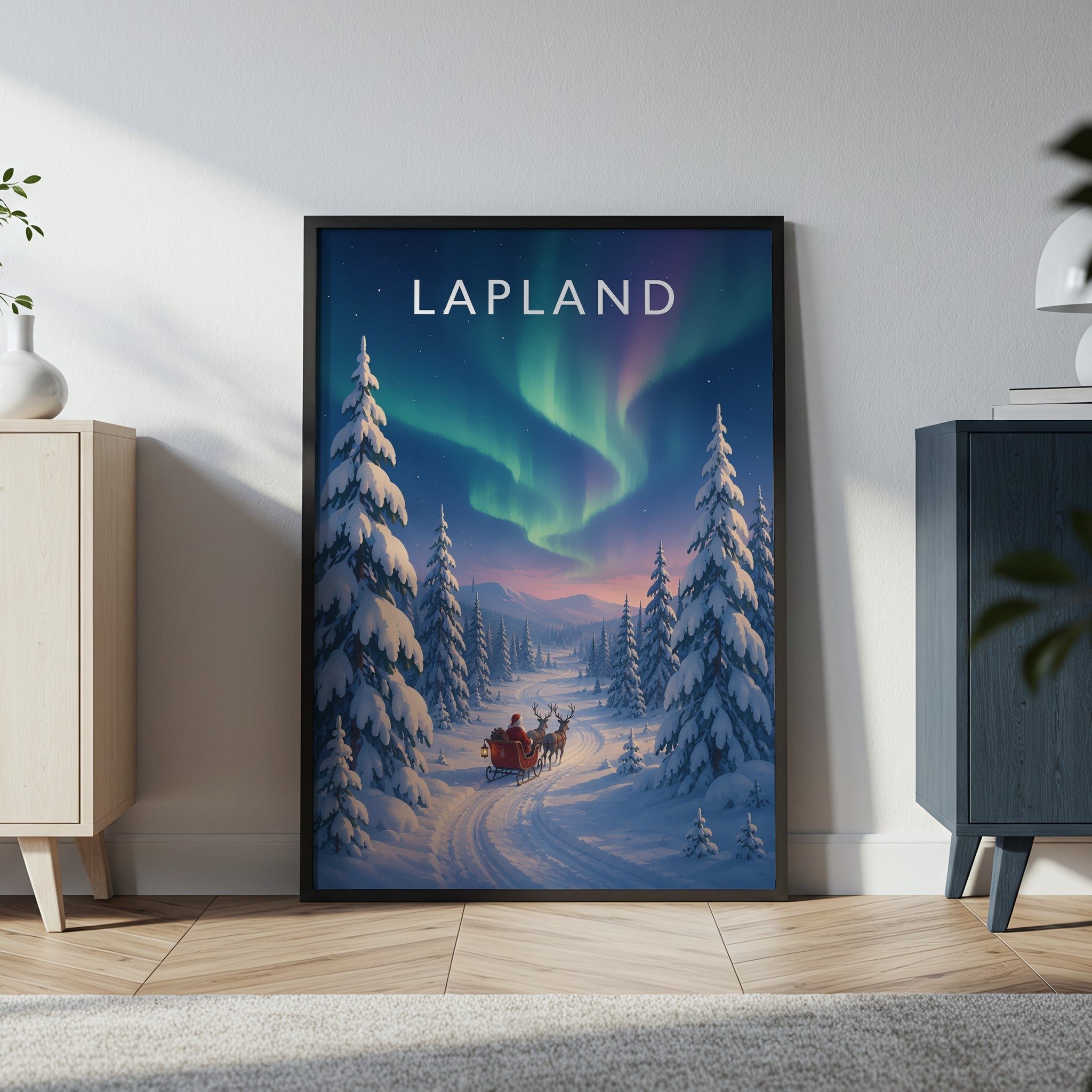 Lapland Travel Poster in a black frame