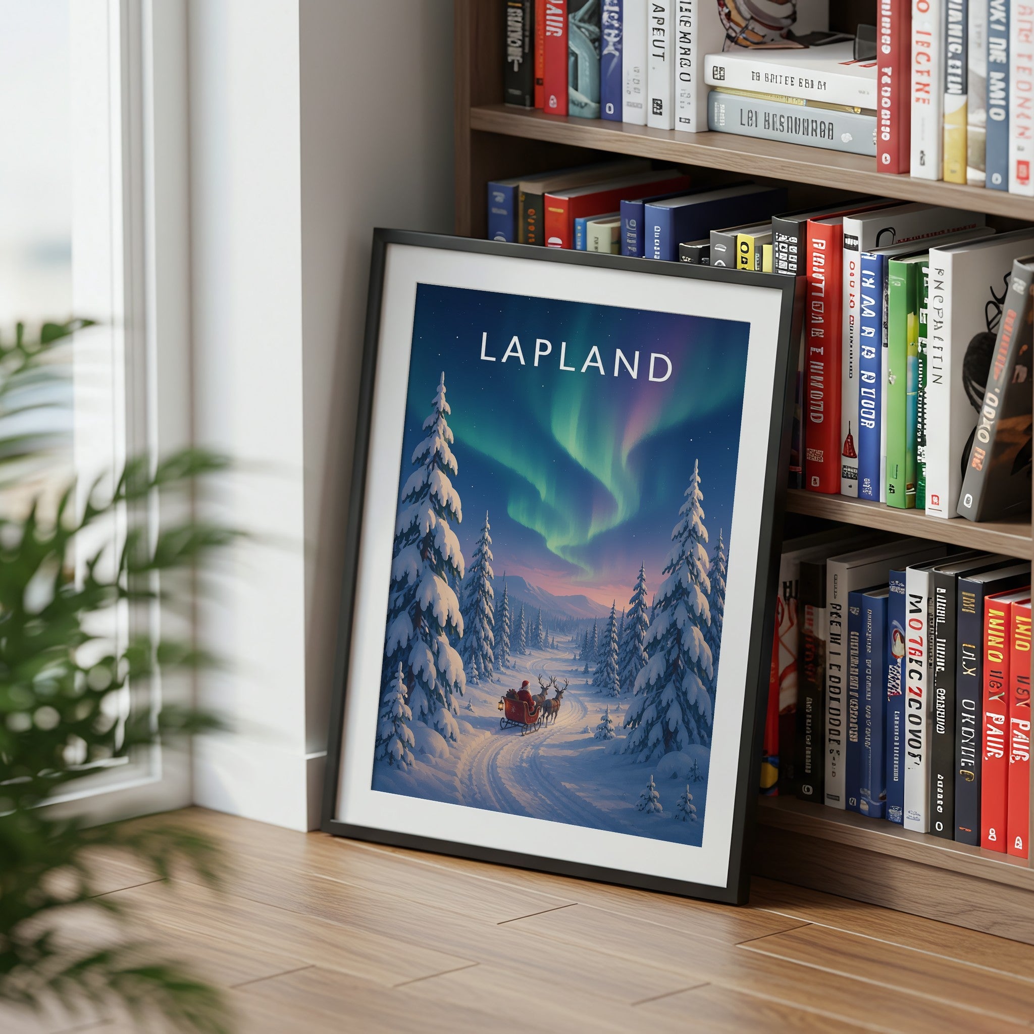 Lapland Travel Poster mounted in a black frame