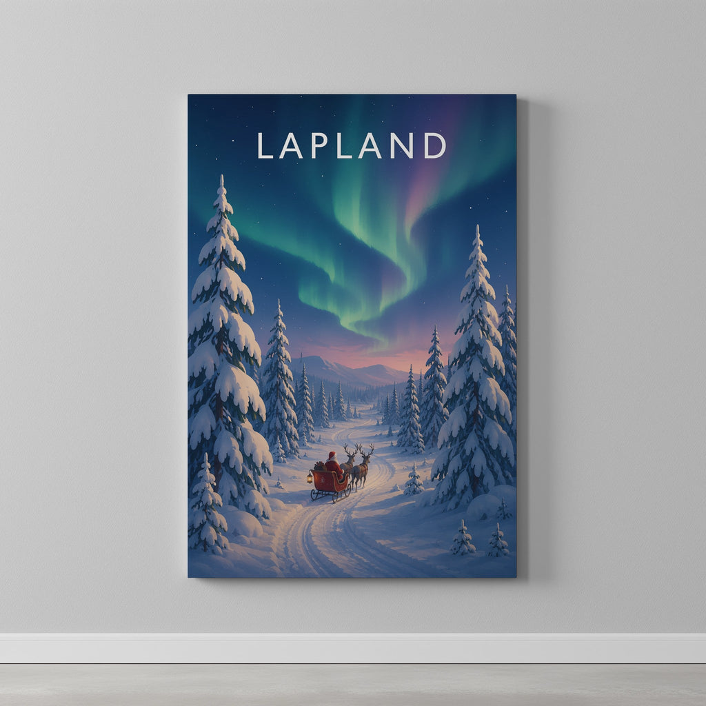 Lapland Travel Poster as a gallery-wrapped canvas on a plain wall