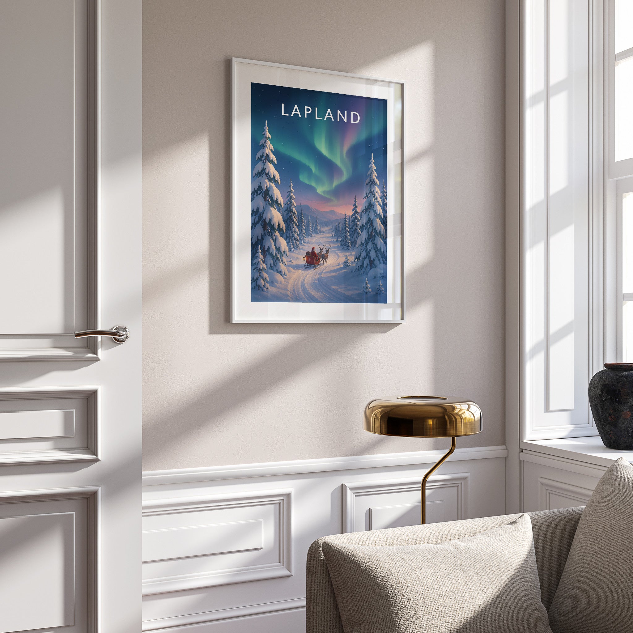 Lapland Travel Poster in a white frame on a panelled wall