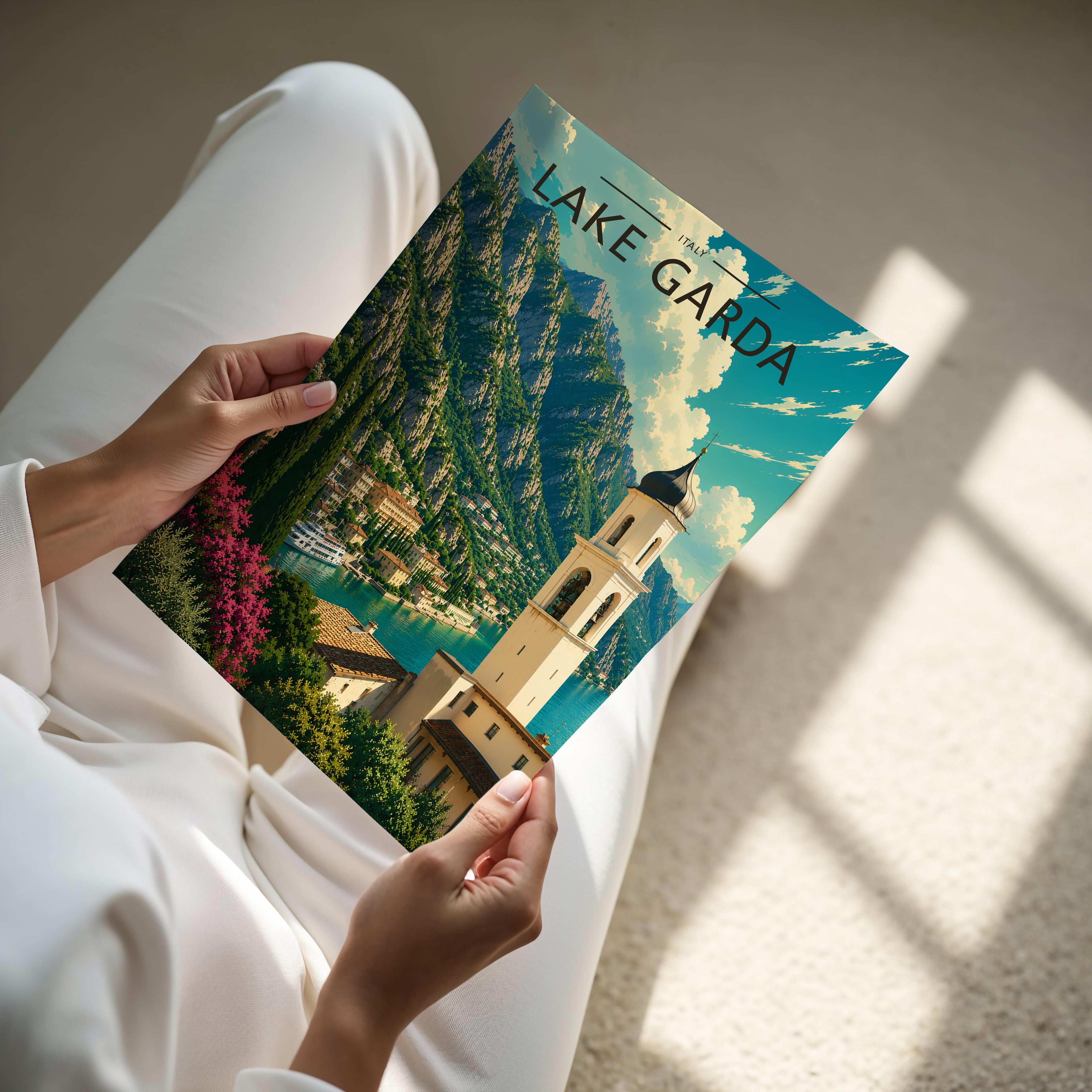 Lake Garda #3 Travel Poster - A4 print held in hand