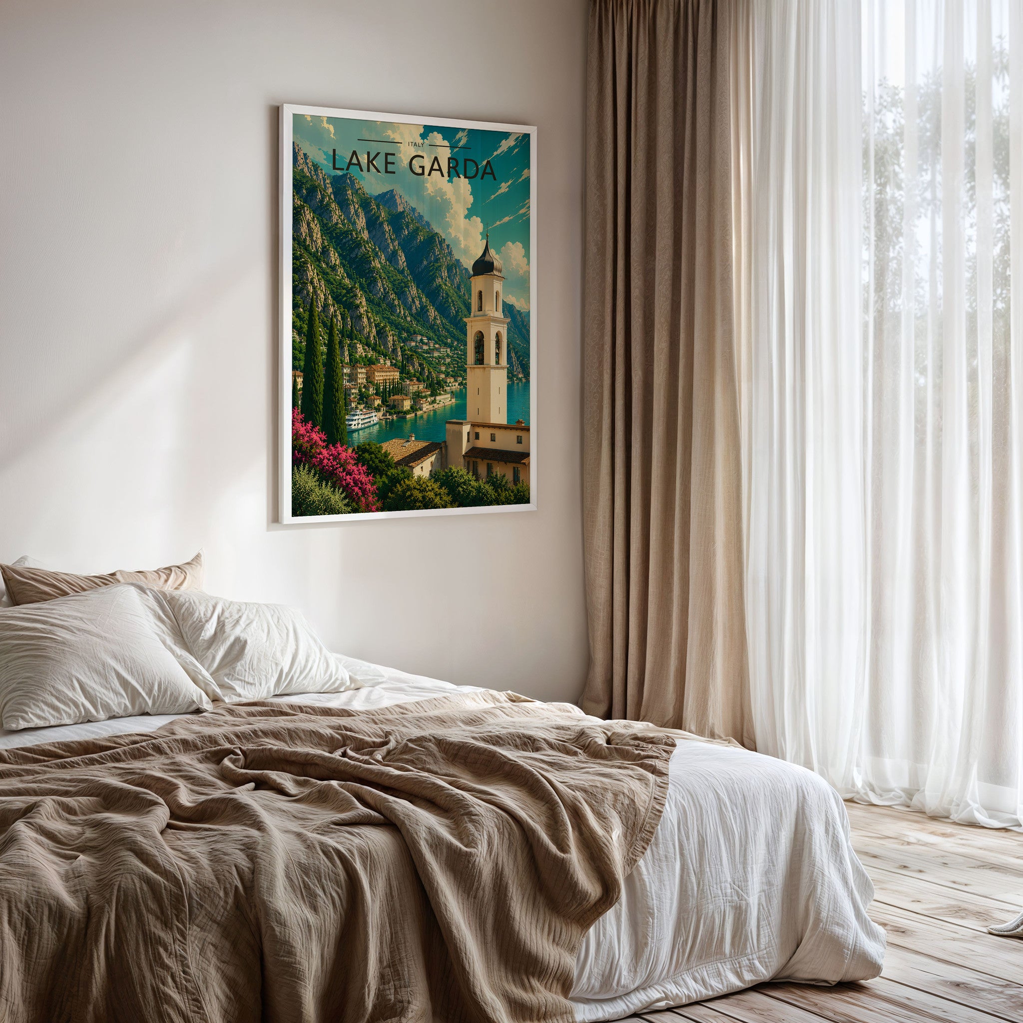 Lake Garda #3 Travel Poster framed on a bedroom wall