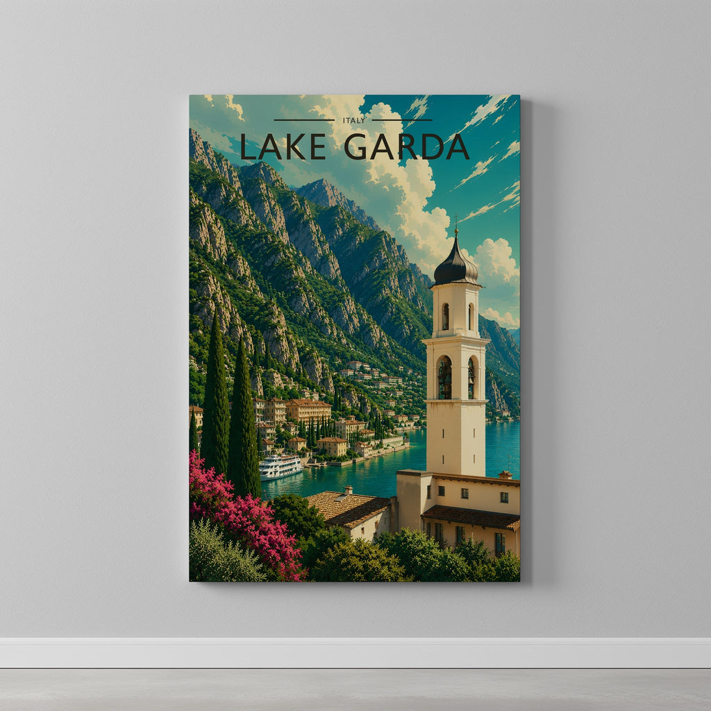 Lake Garda #3 Travel Poster as a gallery-wrapped canvas on a plain wall